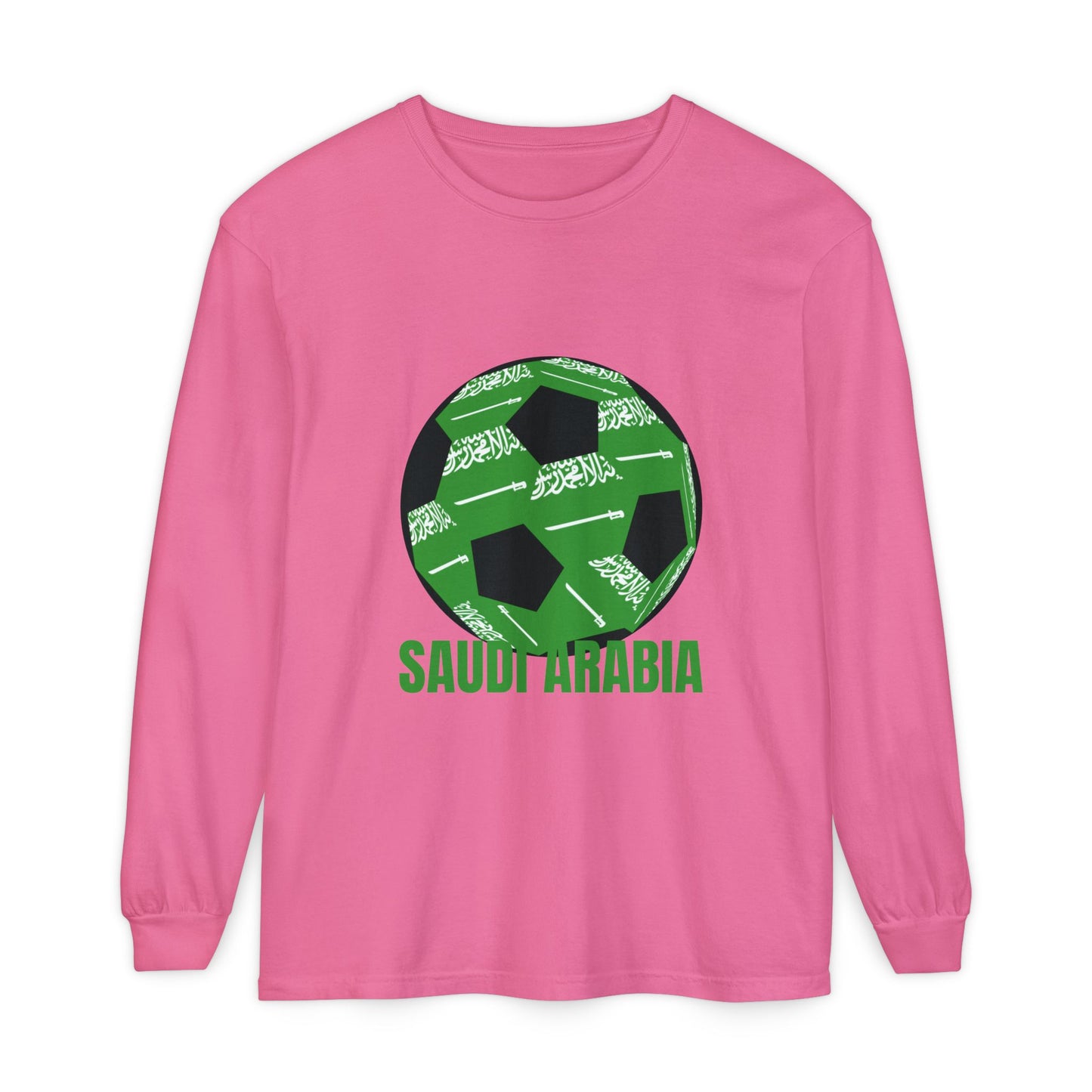 Saudi Arabia Fan Specialty Soccer Ball Design T Shirt Long Sleeve Tee Green Text