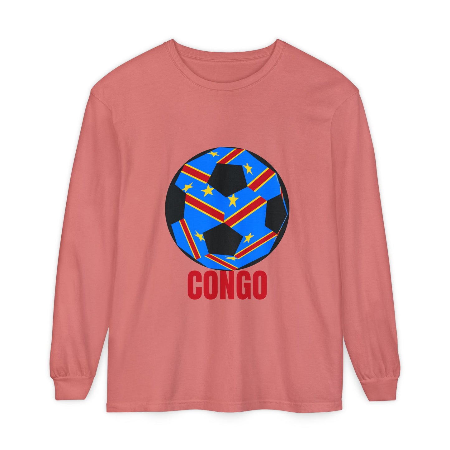 Congo Fan Specialty Soccer Ball Design T Shirt Long Sleeve Tee Red Text
