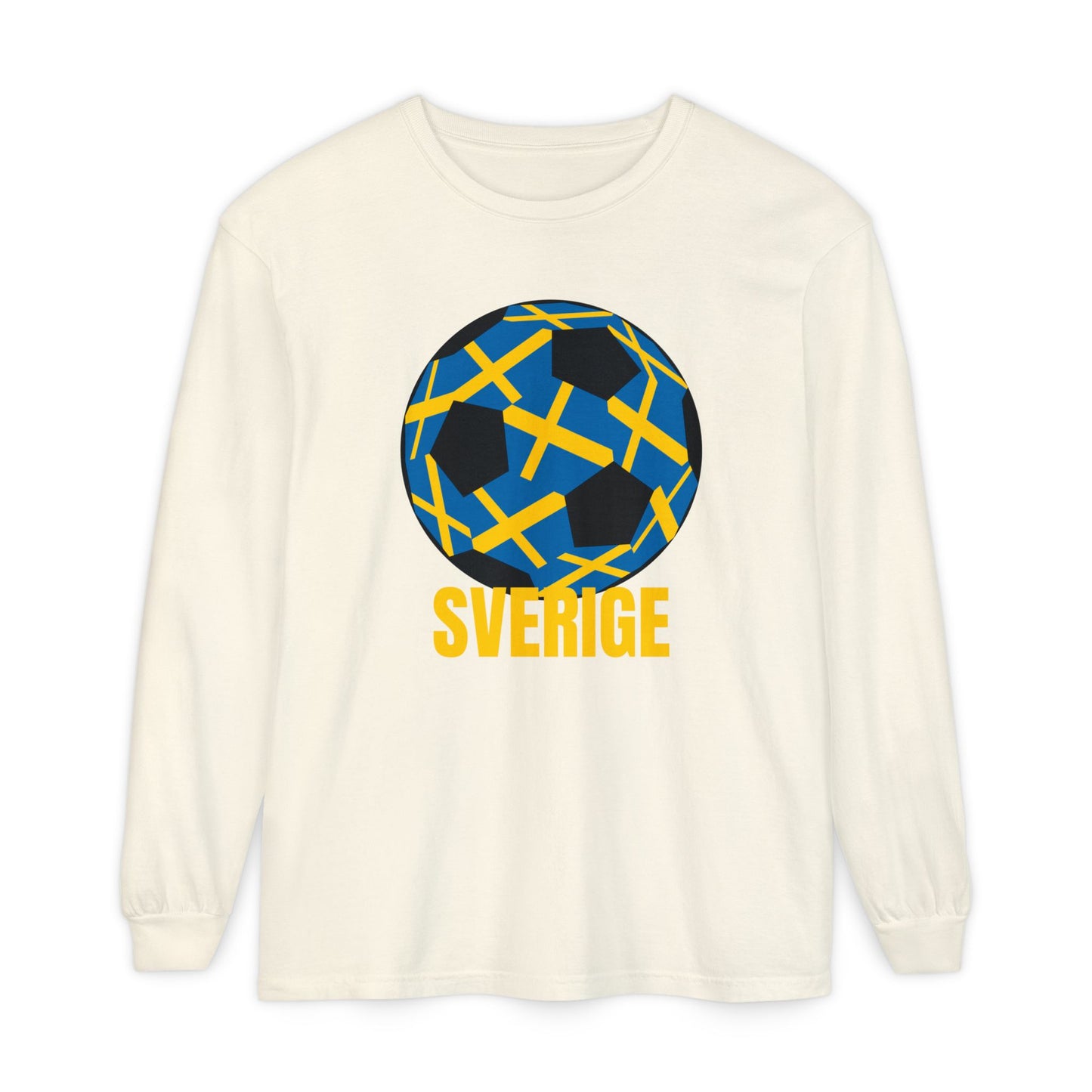 Sverige Fan Specialty Soccer Ball Design T Shirt Gold Text