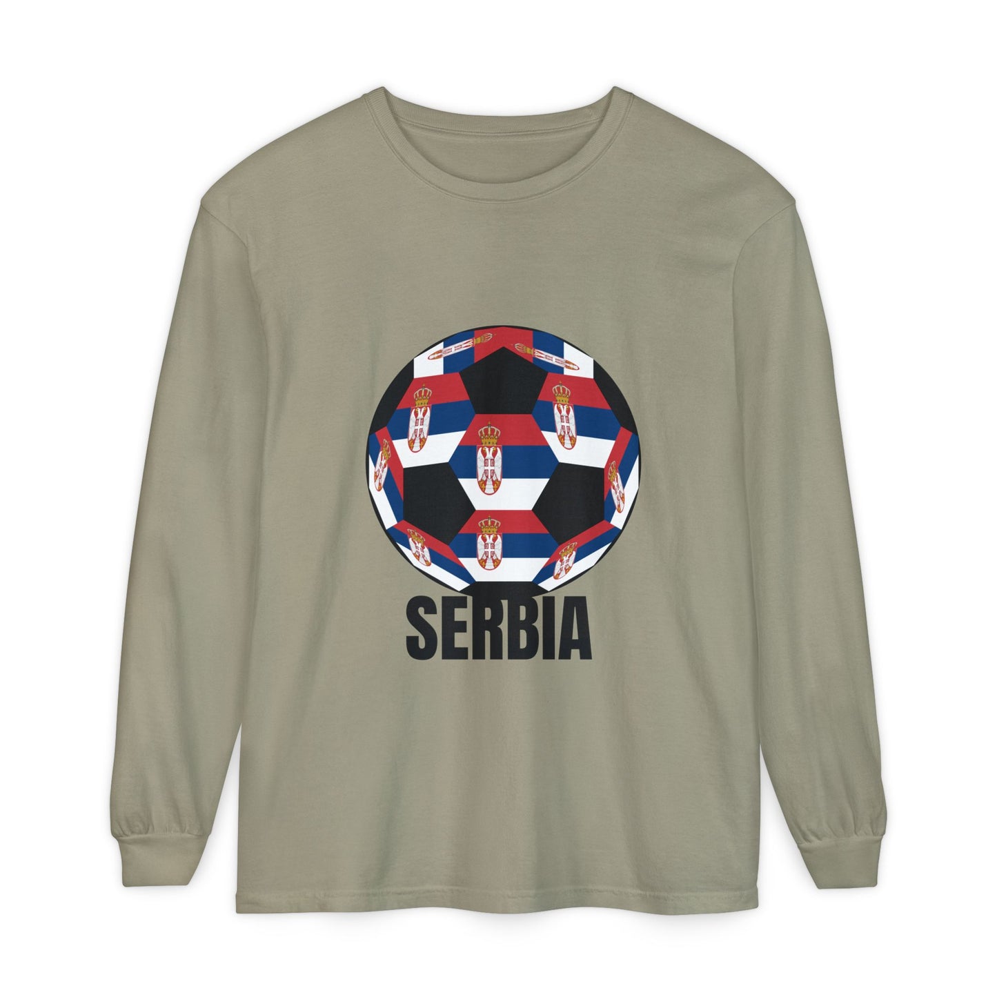 Serbia Fan Specialty Soccer Ball Design T Shirt Long Sleeve Tee Black Print