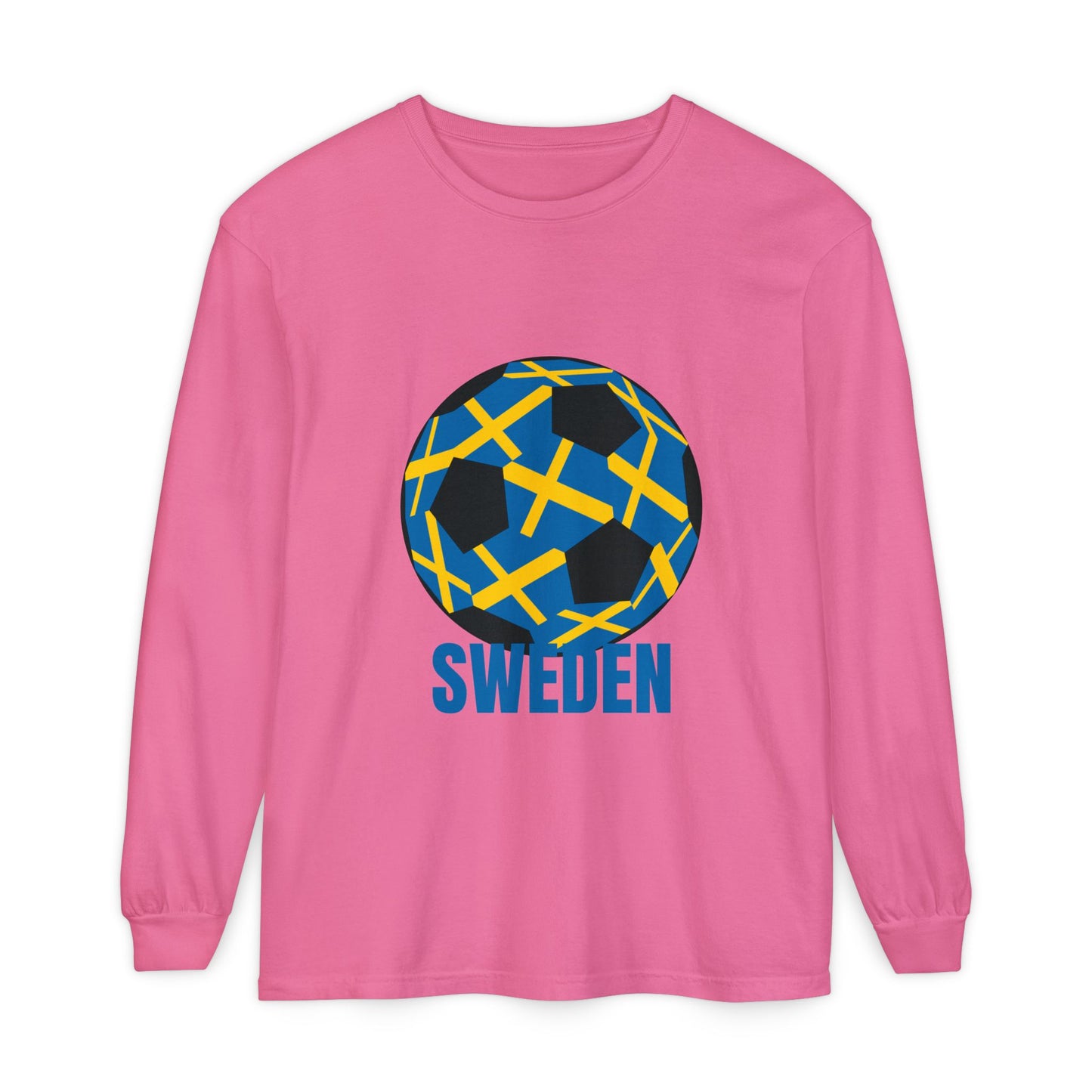 Sweden Fan Specialty Soccer Ball Design Long Sleeve Tee Blue Text