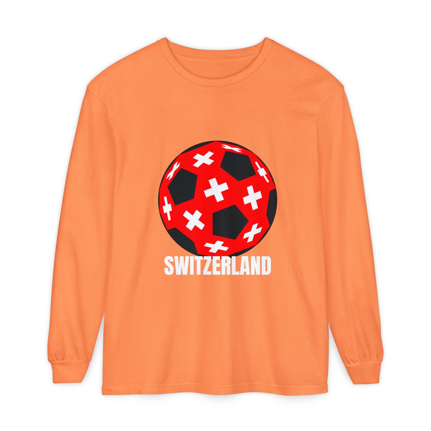 Switzerland Fan Specialty Soccer Ball Design T Shirt Long Sleeve Tee White Text
