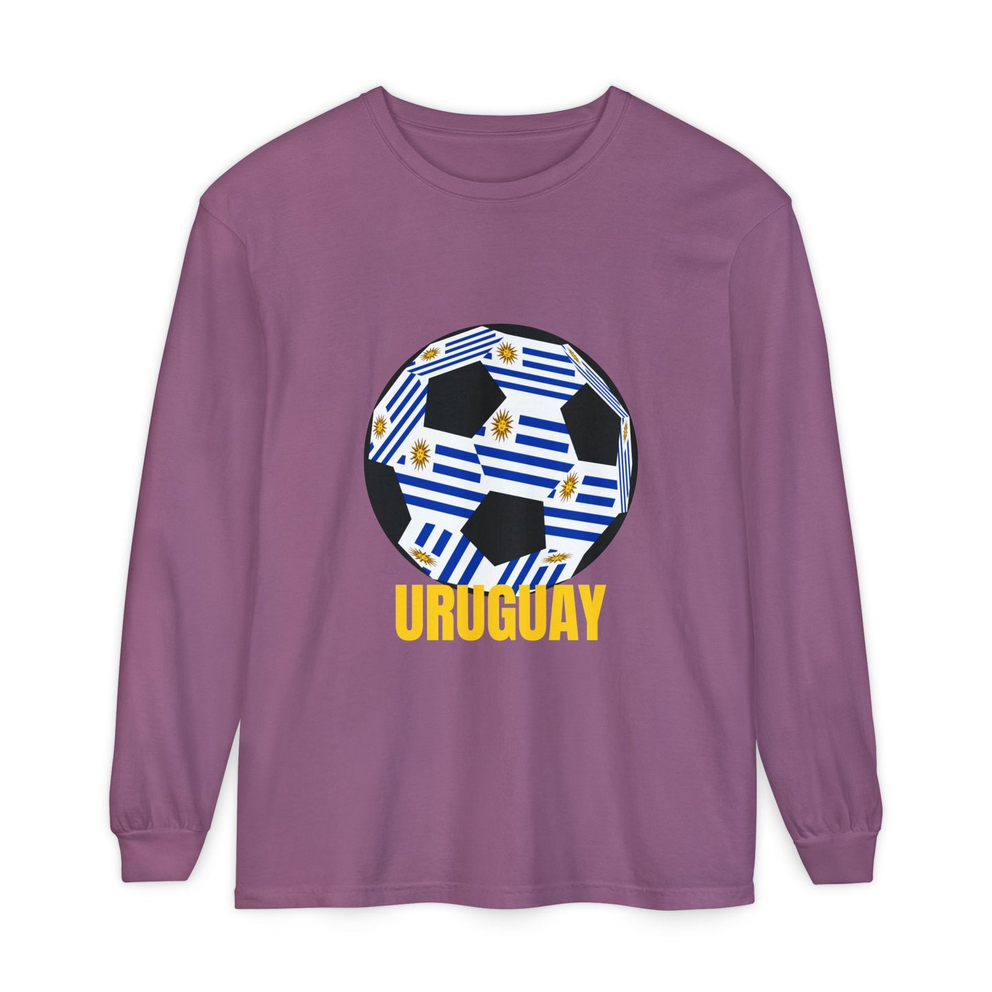 Uruguay Fan Specialty Soccer Ball Design Long Sleeve T Shirt Gold Text