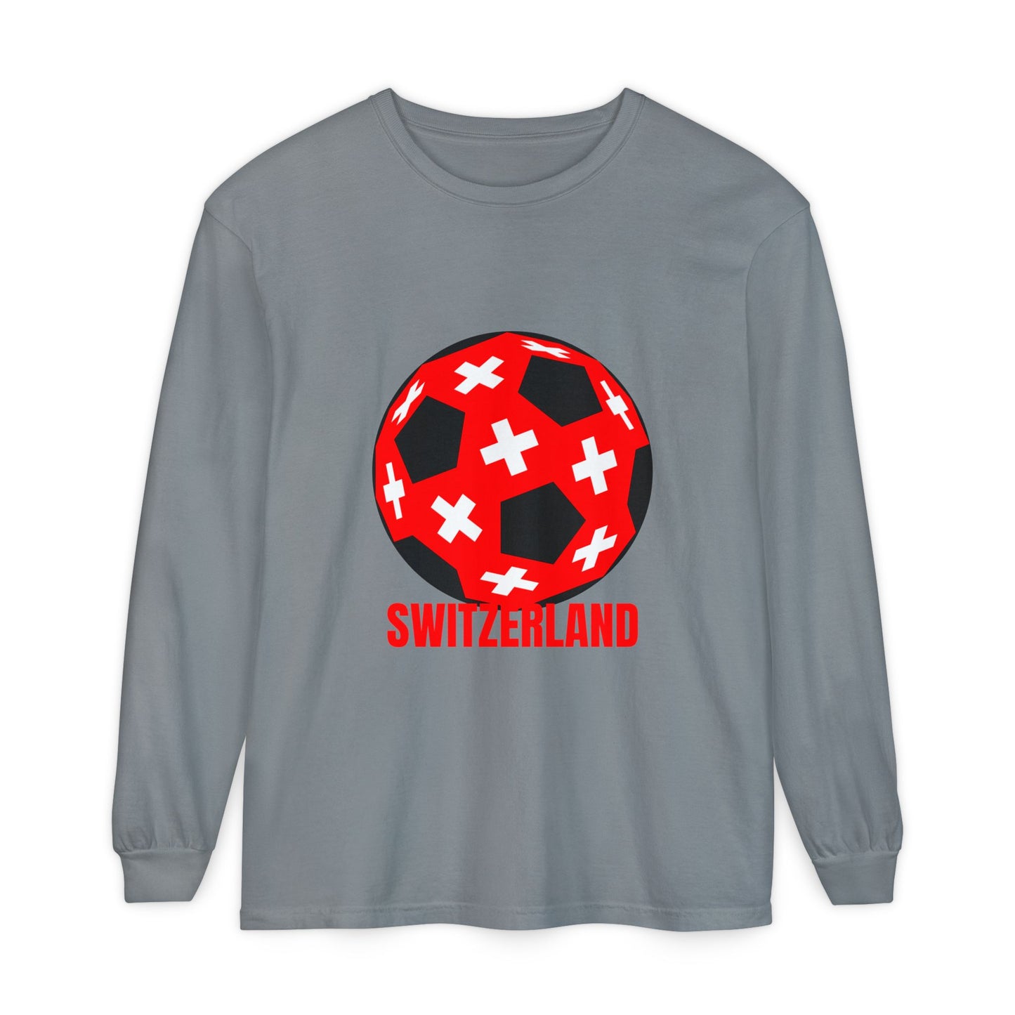 Switzerland Fan Specialty Soccer Ball Design T Shirt Long Sleeve Tee Red Text