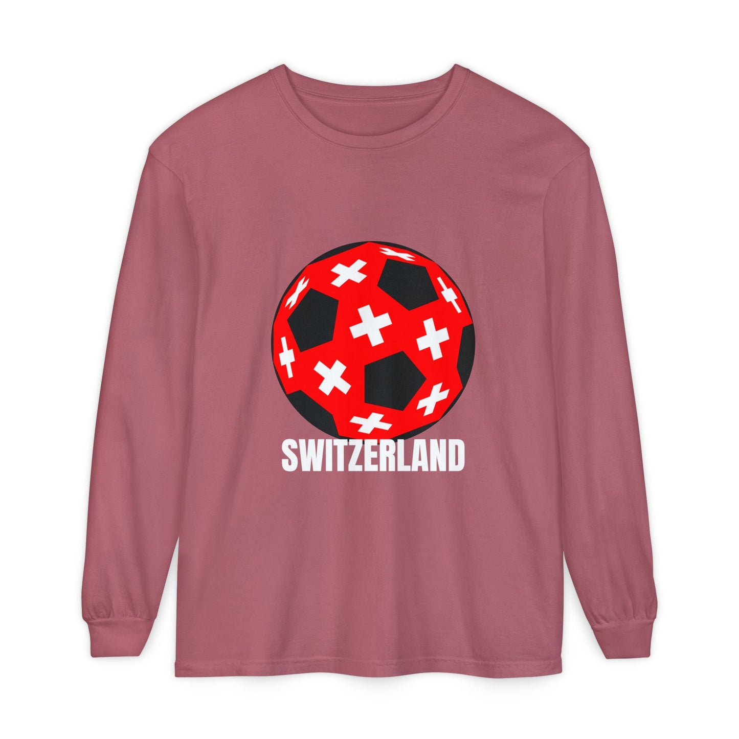 Switzerland Fan Specialty Soccer Ball Design T Shirt Long Sleeve Tee White Text