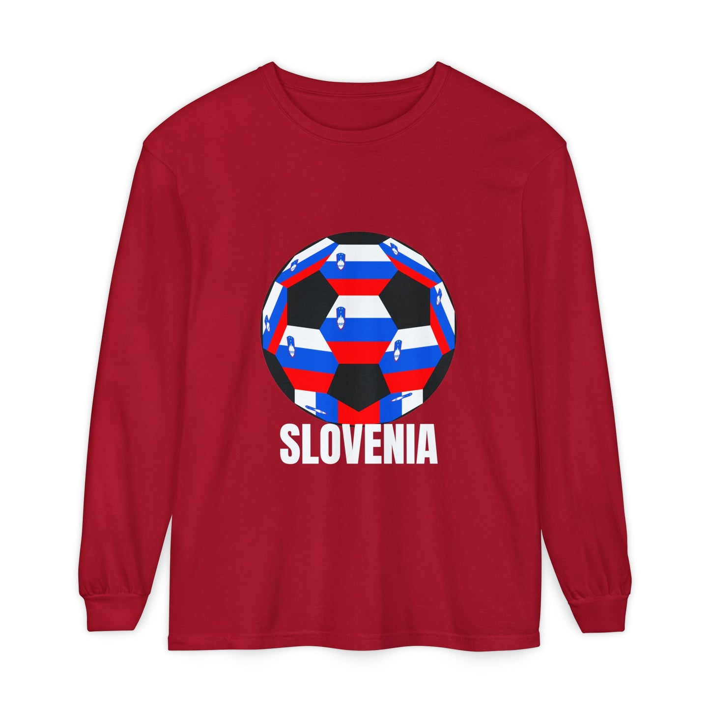 Slovenia Fan Specialty Soccer Ball Design T Shirt Long Sleeve Shirt White Text