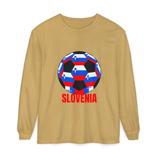 Slovenia Fan Specialty Soccer Ball Design Long Sleeve Shirt Red Text