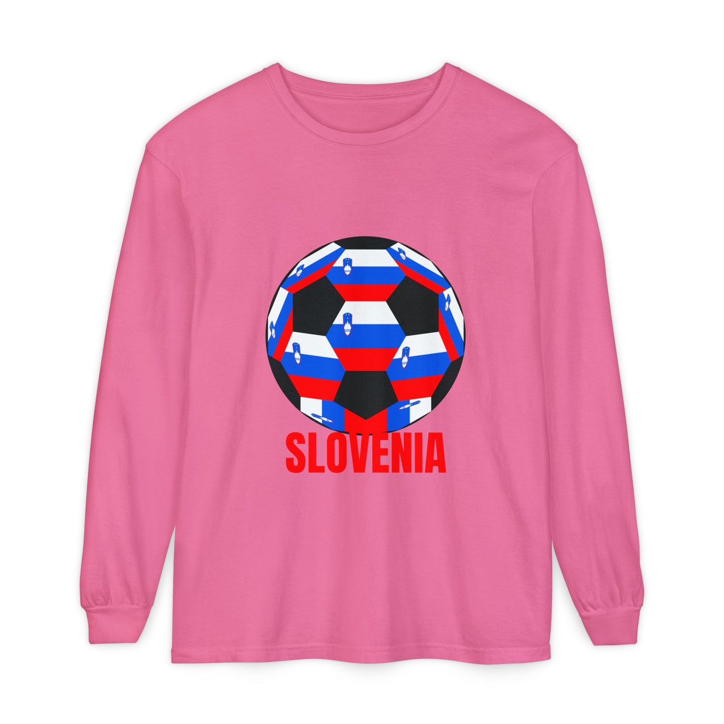 Slovenia Fan Specialty Soccer Ball Design Long Sleeve Shirt Red Text
