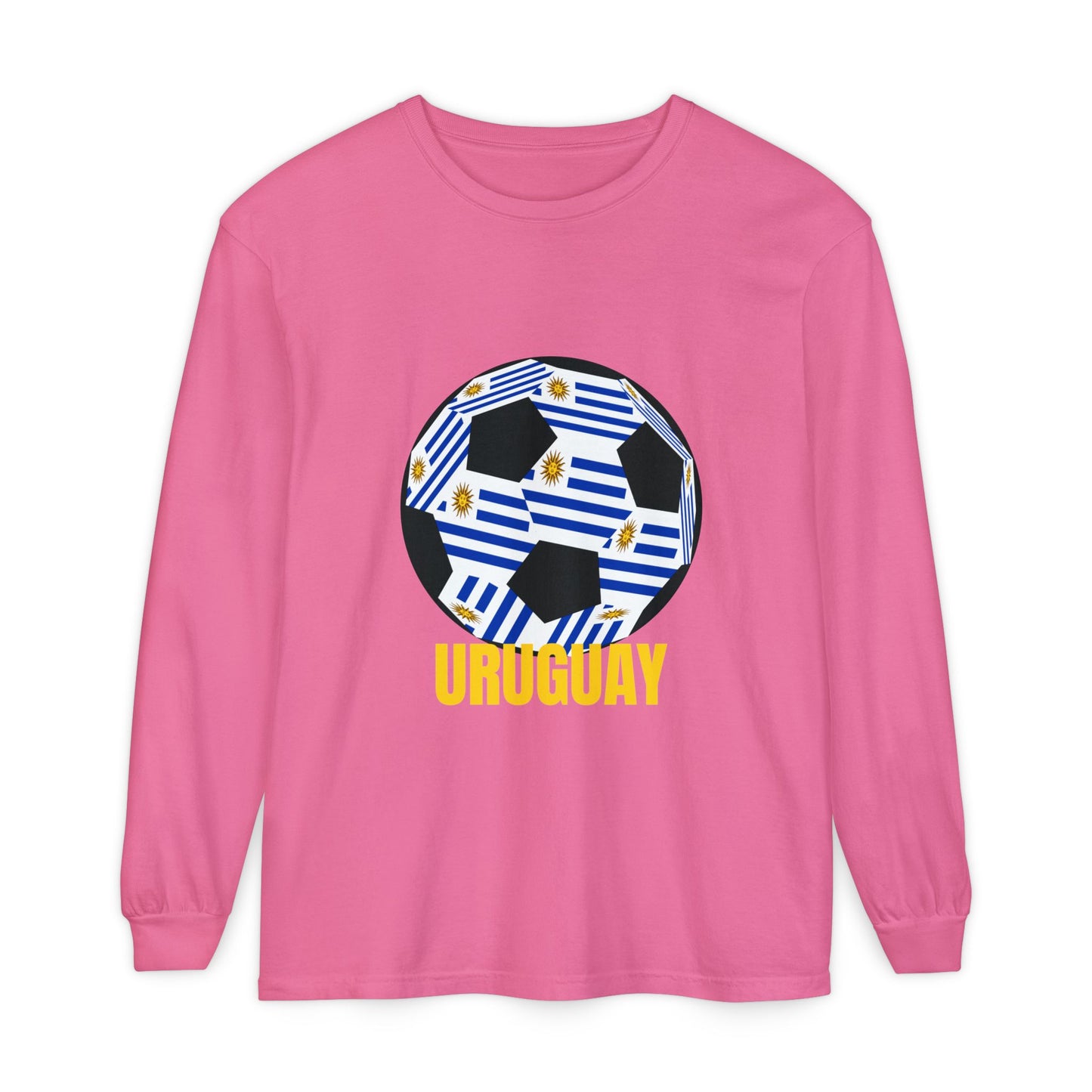 Uruguay Fan Specialty Soccer Ball Design Long Sleeve T Shirt Gold Text