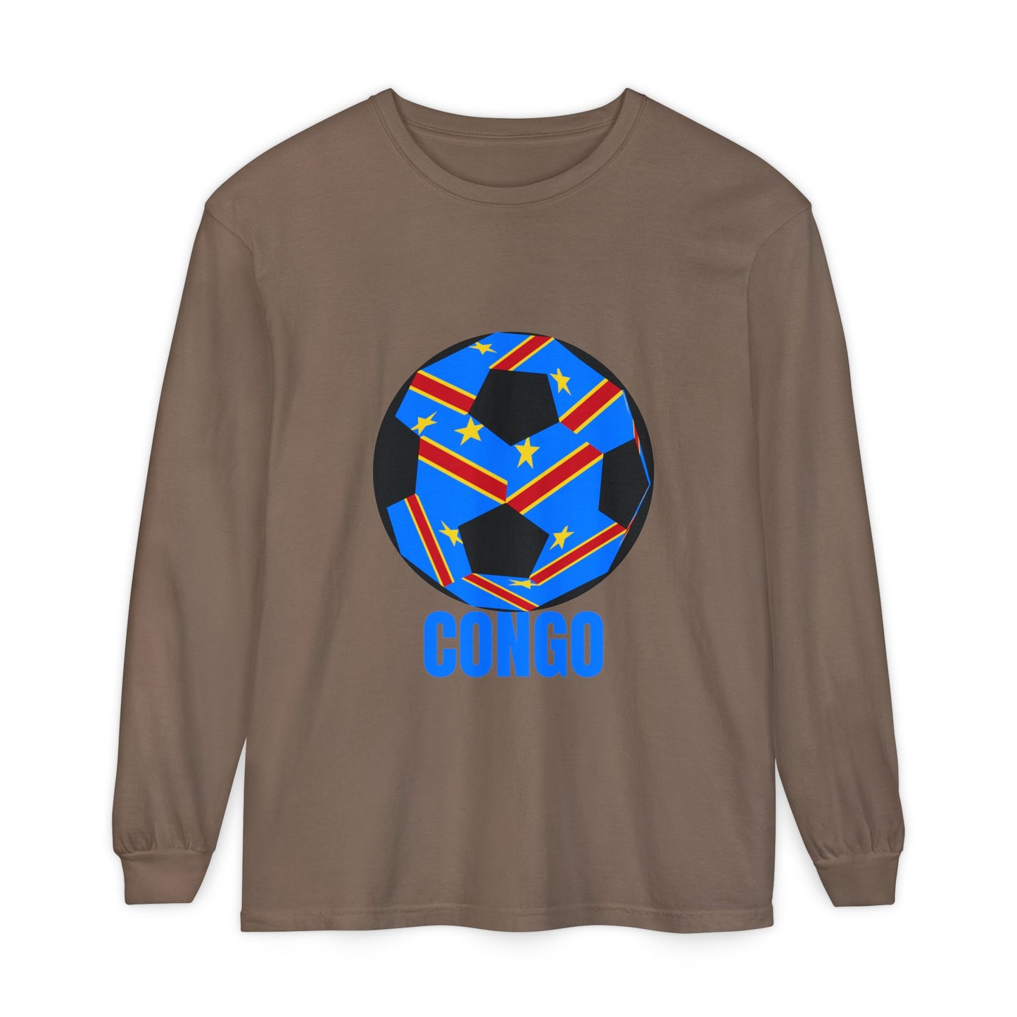 Congo Fan Specialty Soccer Ball Design T Shirt Long Sleeve Tee Blue Text