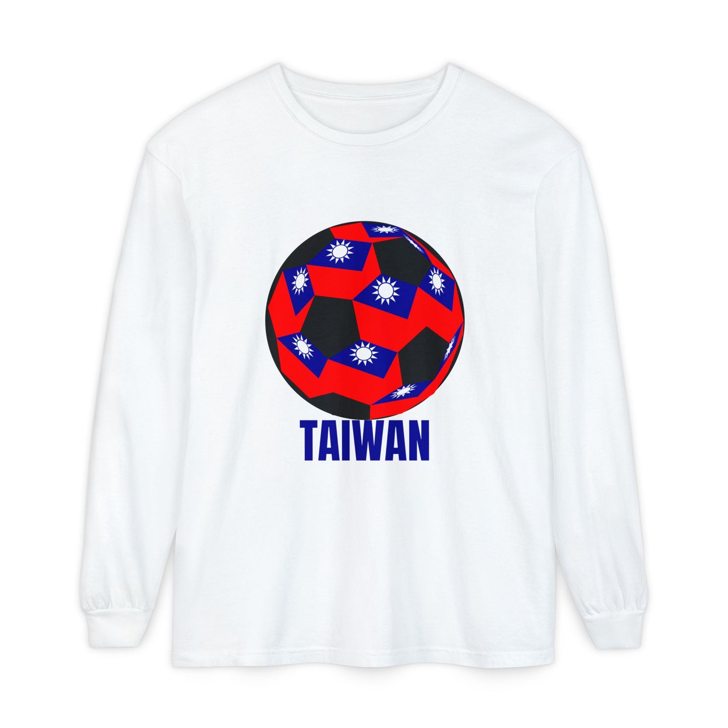 Taiwan Flag Design Soccer Ball Long Sleeve Tee Blue Text