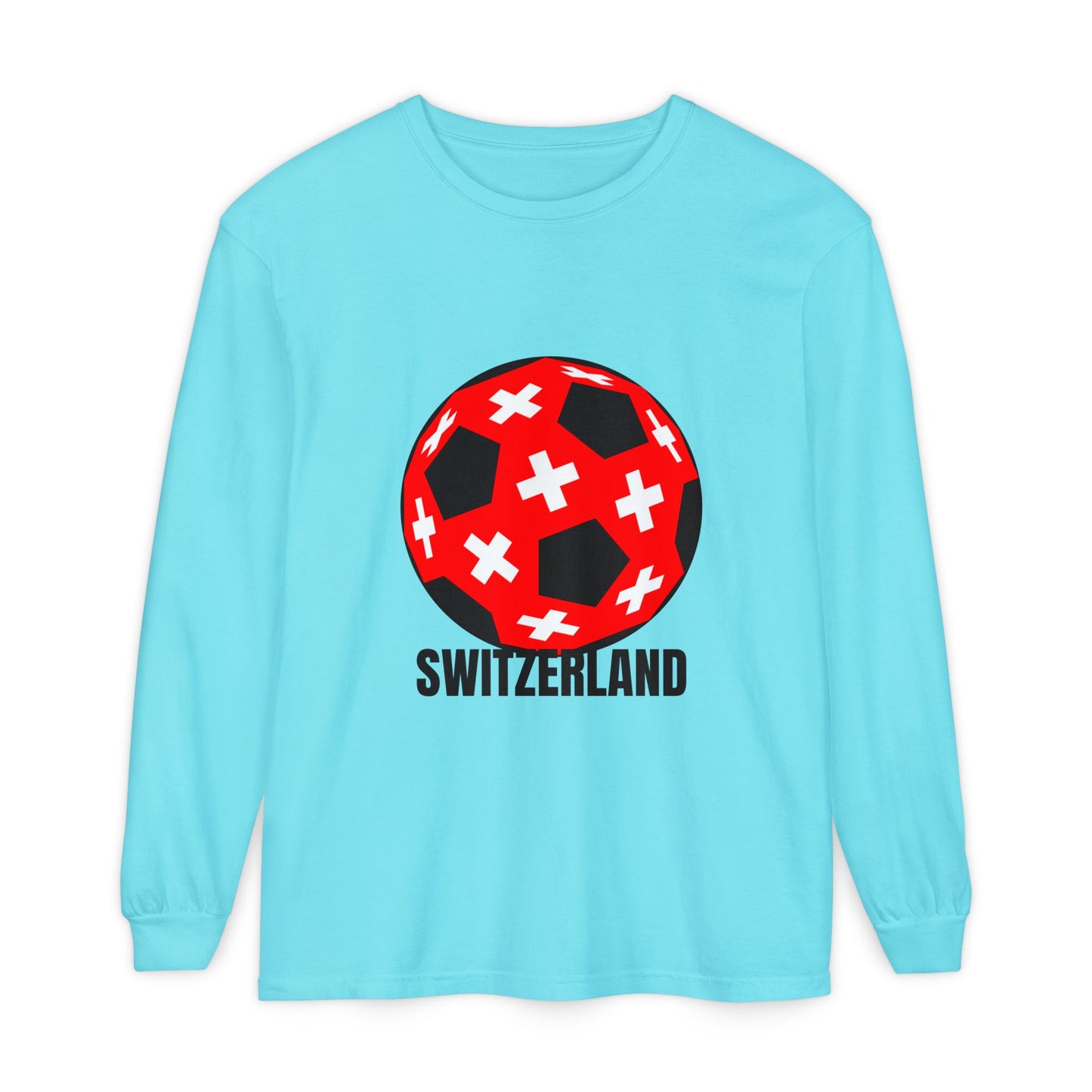 Switzerland Fan Specialty Soccer Ball Design T Shirt Long Sleeve Tee Black Text