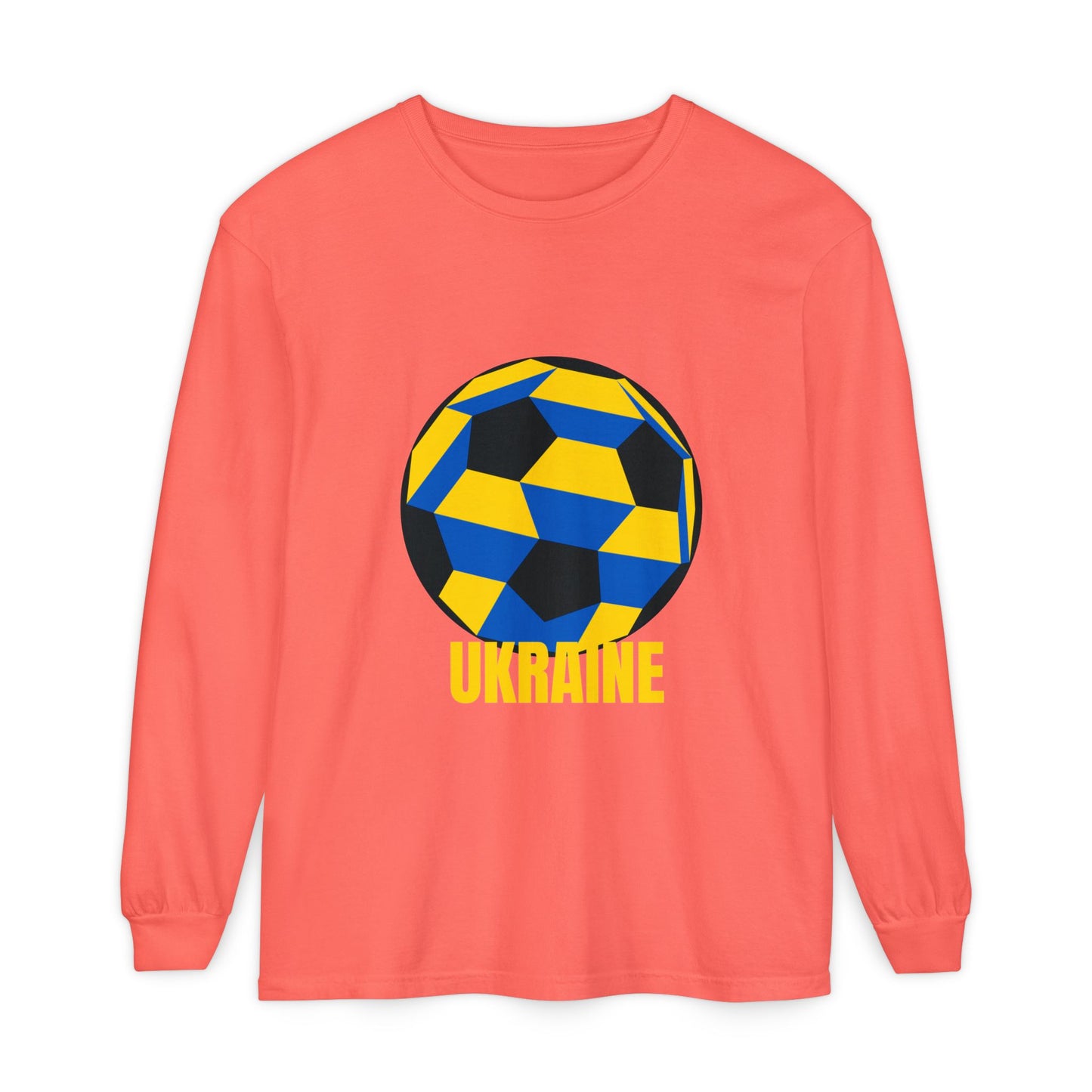 Ukraine Fan Specialty Soccer Ball Design Long Sleeve Tee Yellow Text