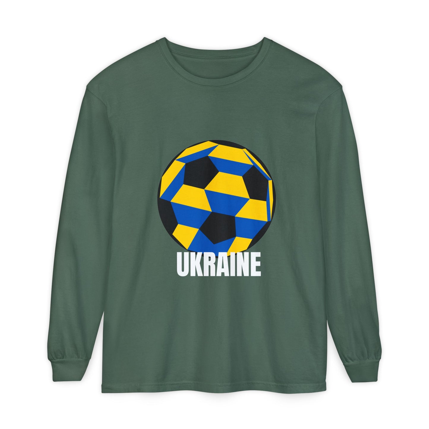 Ukraine Fan Specialty Soccer Ball Design Long Sleeve Tee White Text