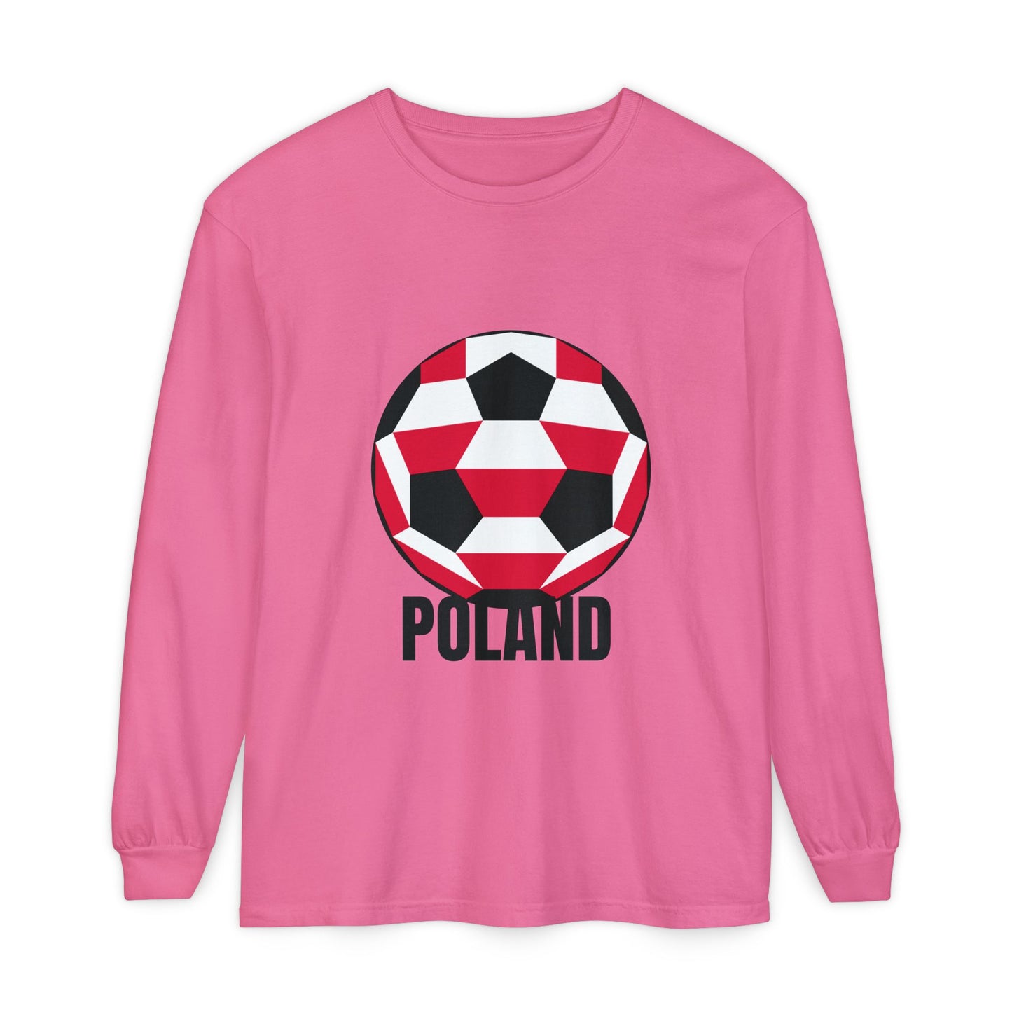Poland Fan Specialty Soccer Ball Design T Shirt Long Sleeve Shirt Black Text