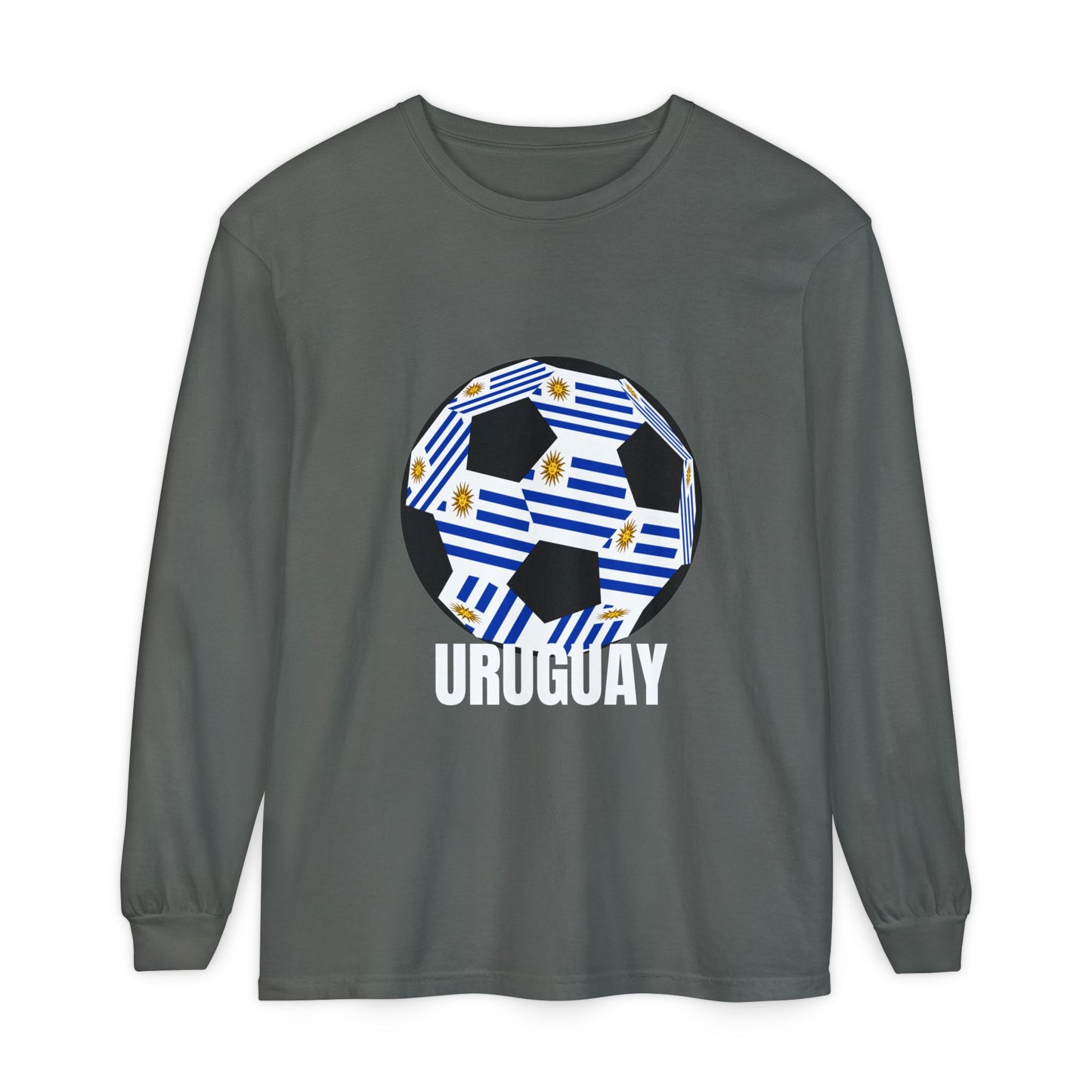 Uruguay Fan Specialty Soccer Ball Design Long Sleeve T‑Shirt White Text