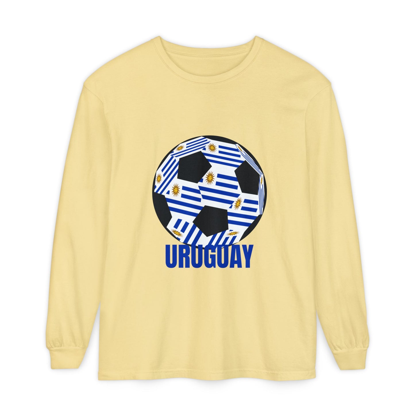 Uruguay Fan Specialty Soccer Ball Design Long Sleeve T-Shirt Blue Text