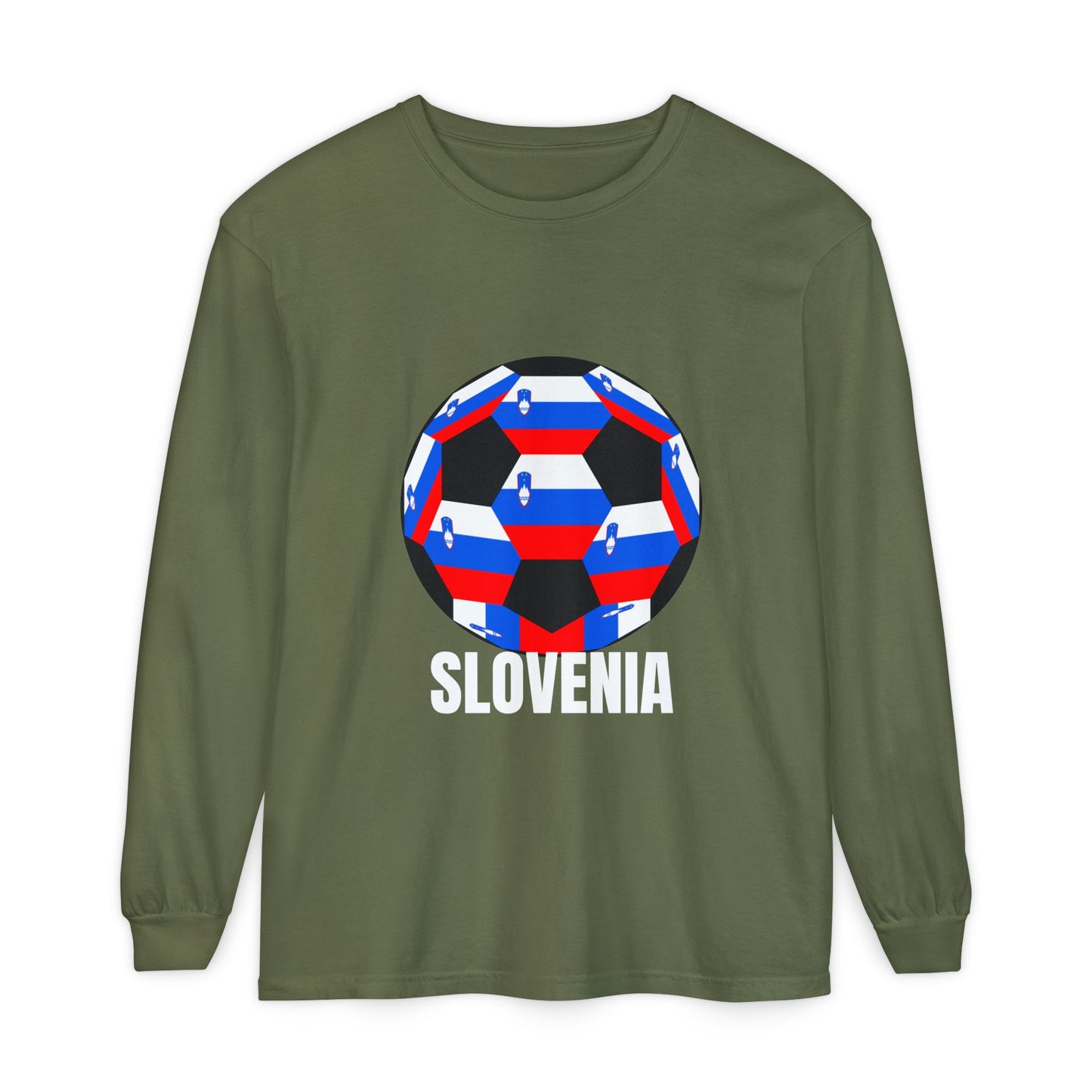Slovenia Fan Specialty Soccer Ball Design T Shirt Long Sleeve Shirt White Text
