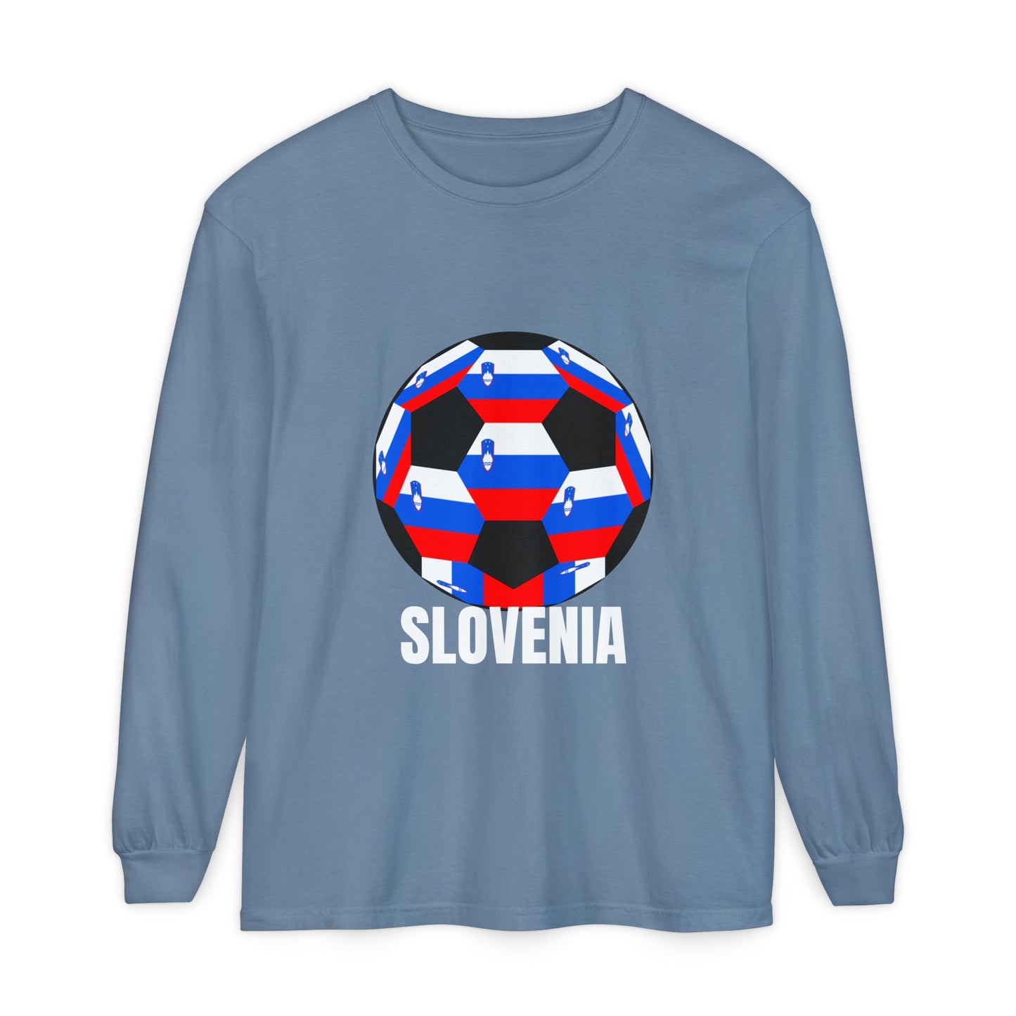 Slovenia Fan Specialty Soccer Ball Design T Shirt Long Sleeve Shirt White Text