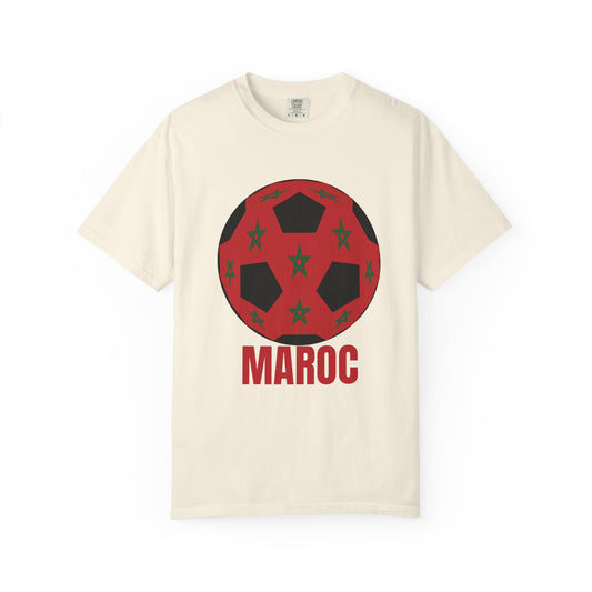 Morocco Maroc Fan Specialty Soccer Ball Design T Shirt Red Text