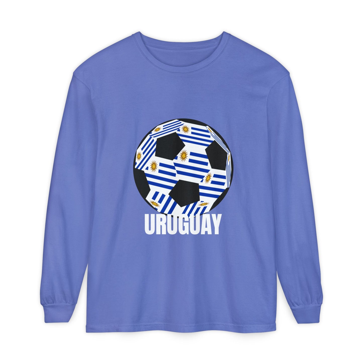 Uruguay Fan Specialty Soccer Ball Design Long Sleeve T‑Shirt White Text