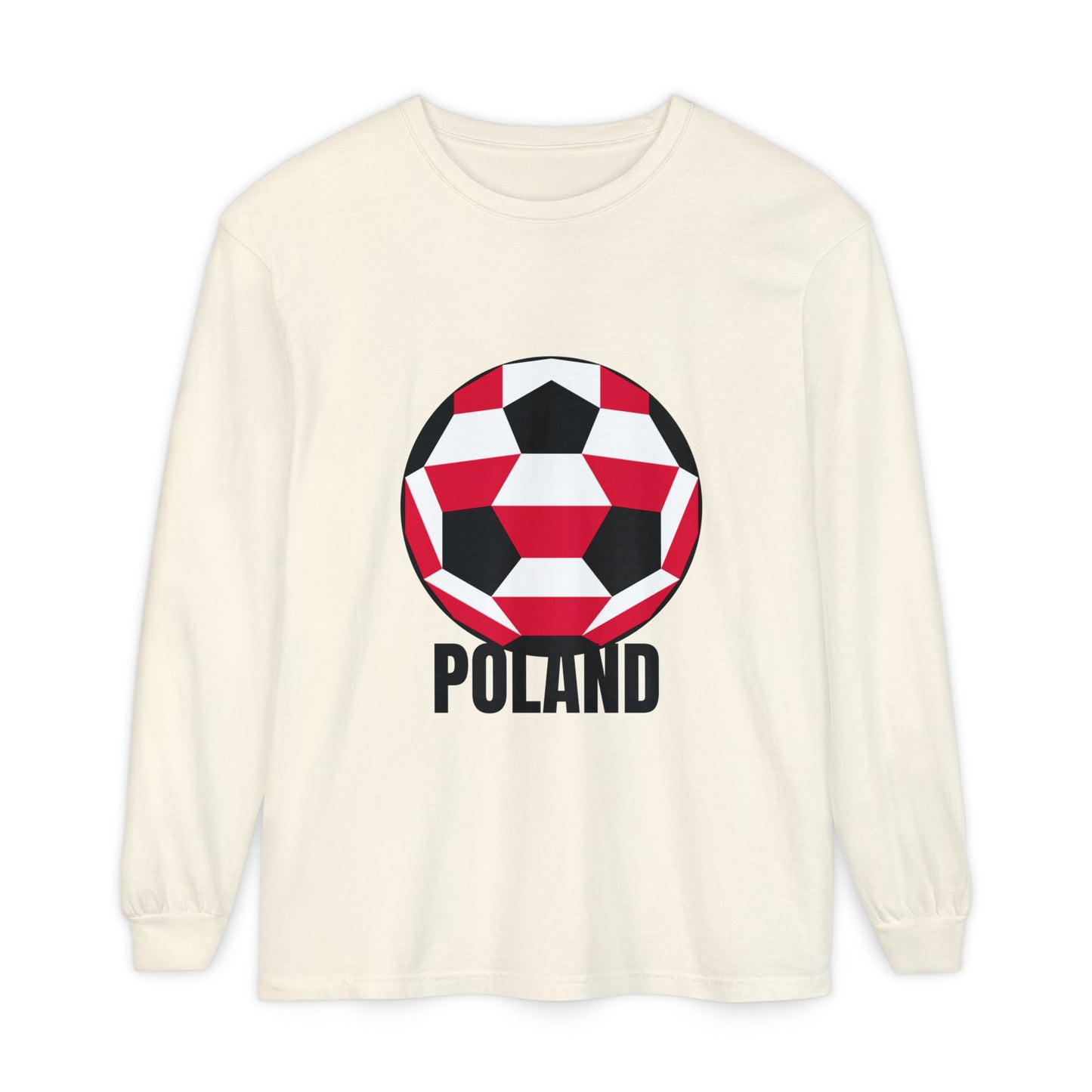 Poland Fan Specialty Soccer Ball Design T Shirt Long Sleeve Shirt Black Text