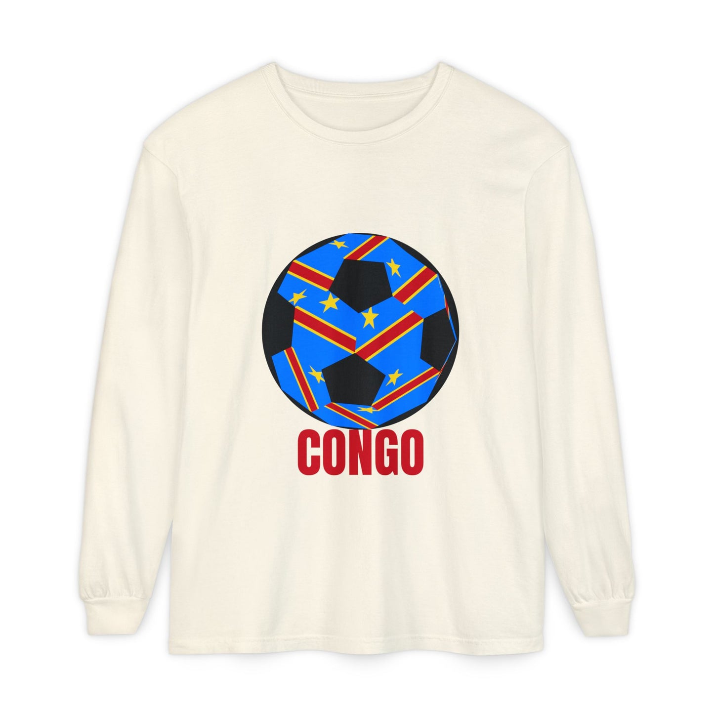 Congo Fan Specialty Soccer Ball Design T Shirt Long Sleeve Tee Red Text