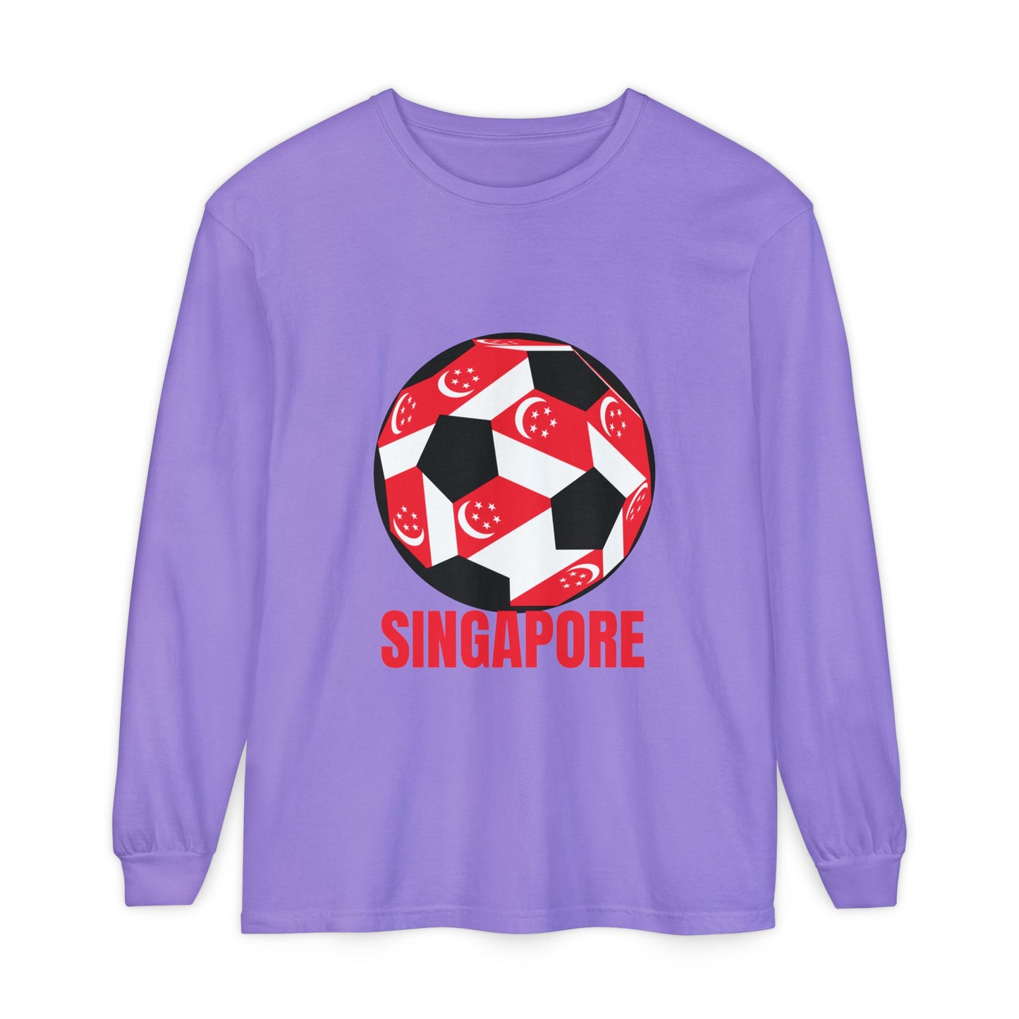 Singapore Fan Specialty Soccer Ball Design T ShirtLong Sleeve Tee Red Text