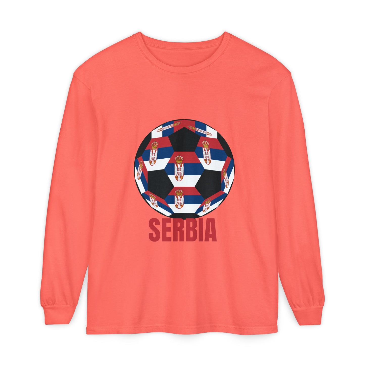 Serbia Fan Specialty Soccer Ball Design T Shirt Long Sleeve Tee Red Text