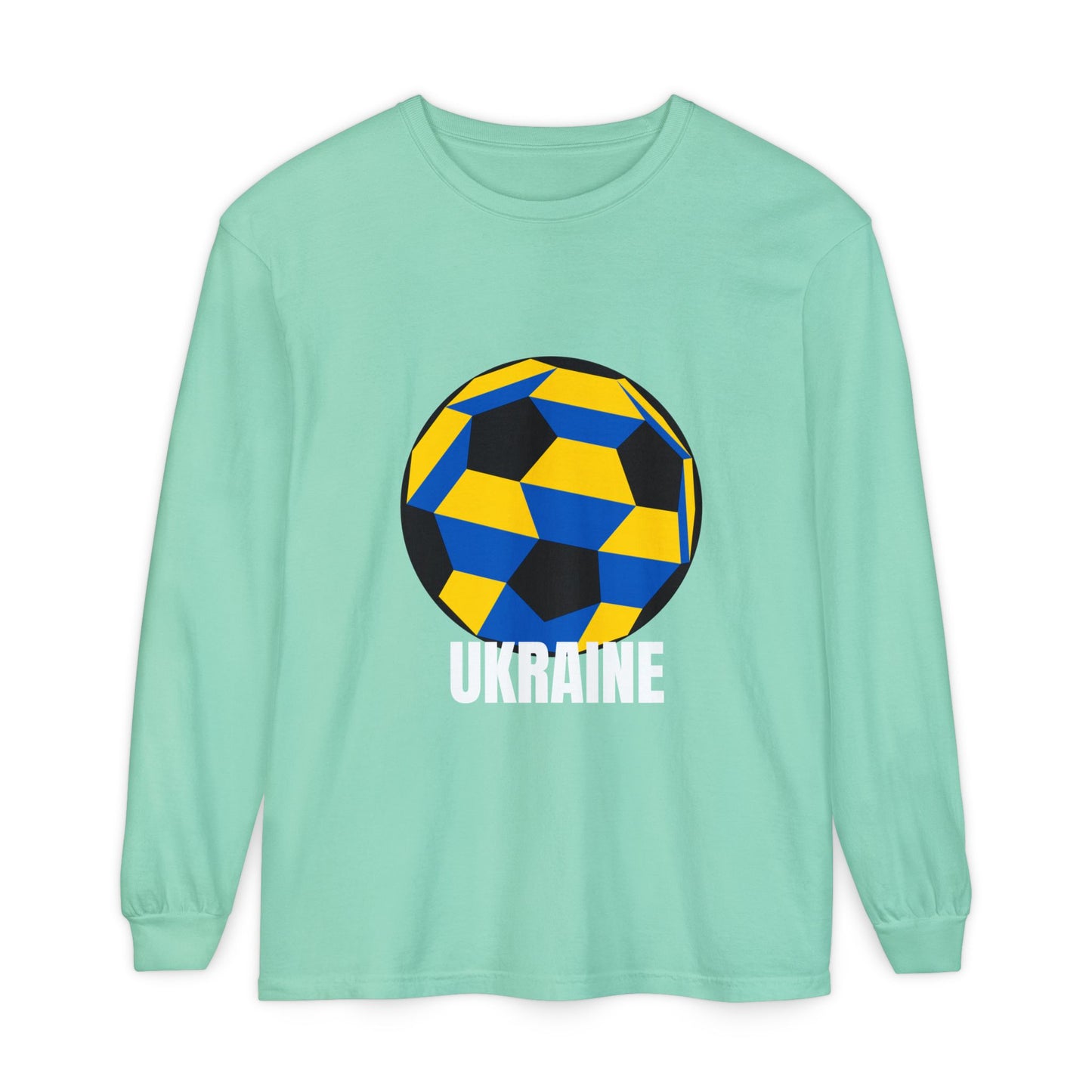 Ukraine Fan Specialty Soccer Ball Design Long Sleeve Tee White Text