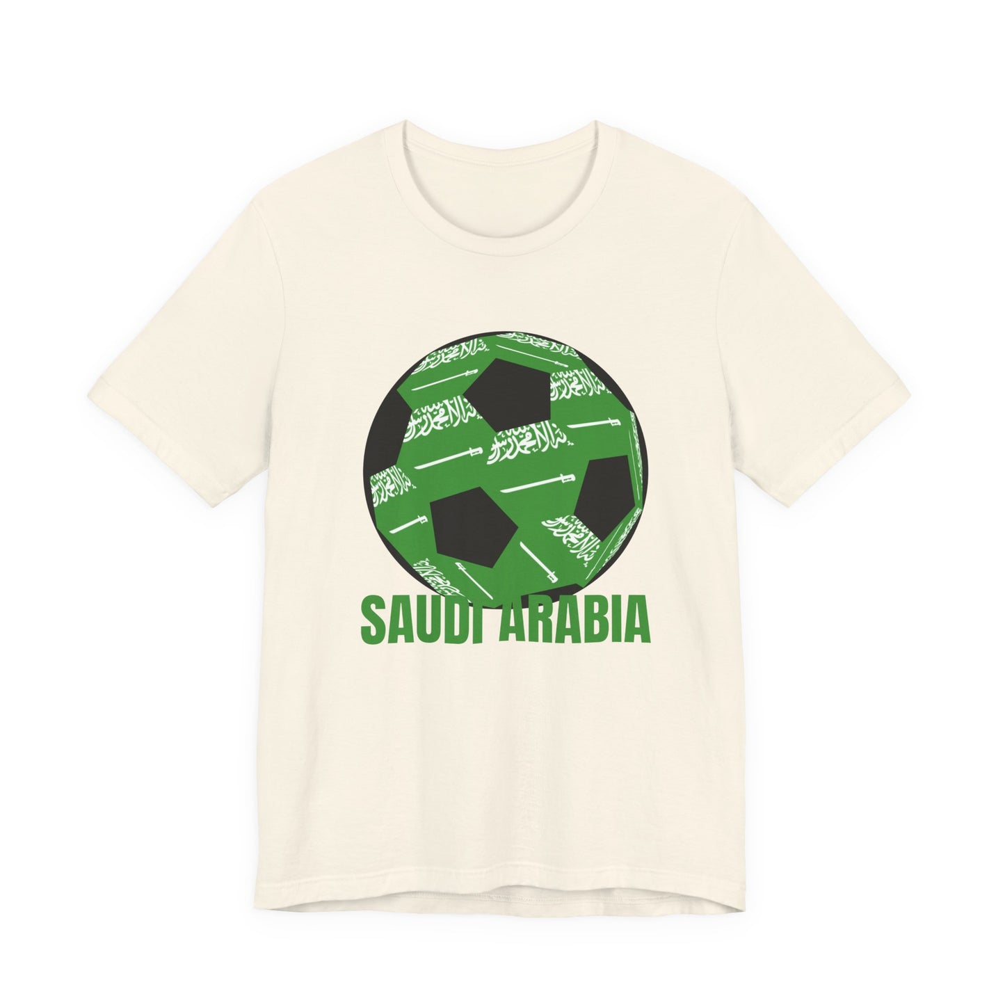 Saudi Arabia Fan Specialty Soccer Ball Design T Shirt — Green Text