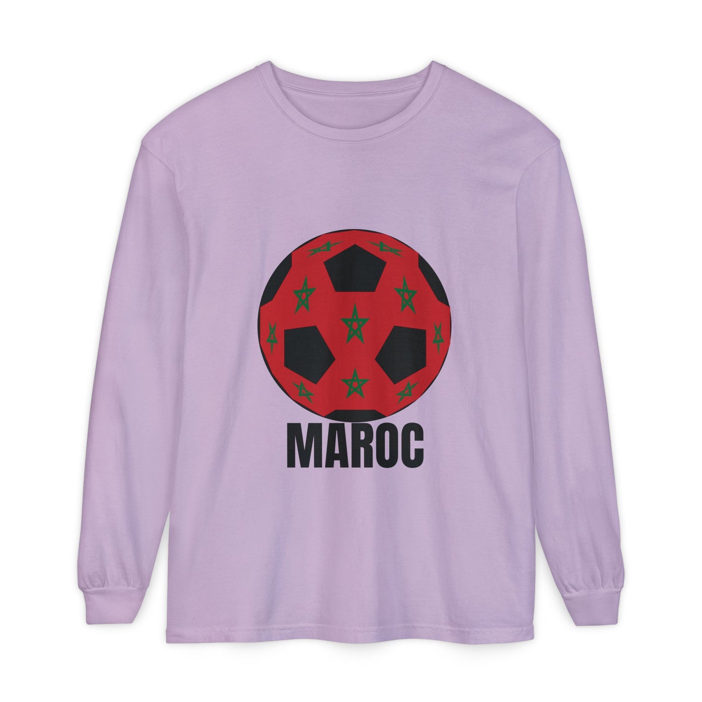 Morocco Maroc Fan Specialty Soccer Ball Design T Shirt Long Sleeve Tee Black Text