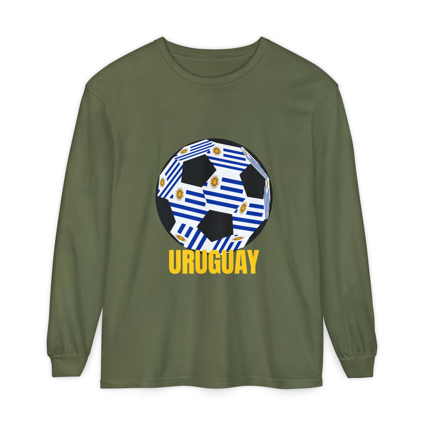 Uruguay Fan Specialty Soccer Ball Design Long Sleeve T Shirt Gold Text