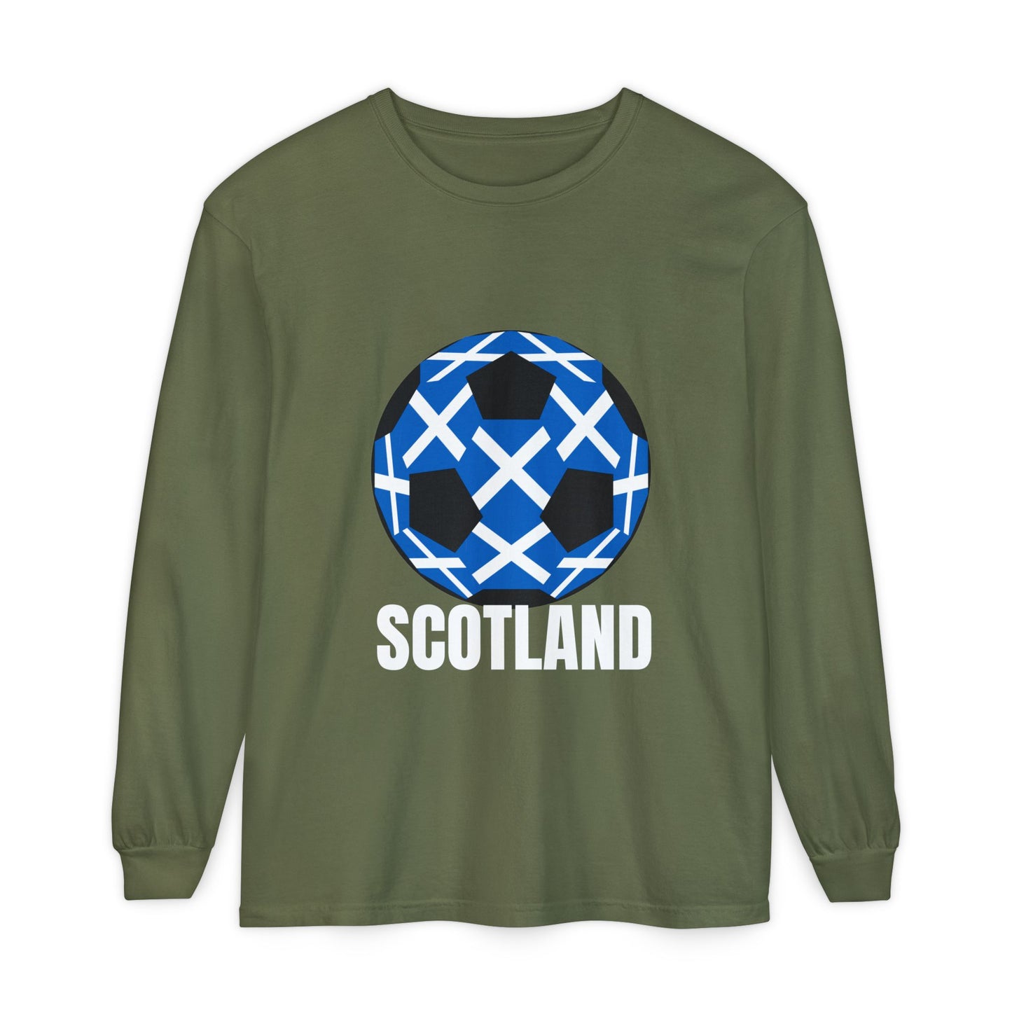 Scotland Fan Specialty Soccer Ball Design T Shirt Long Sleeve Tee White Text