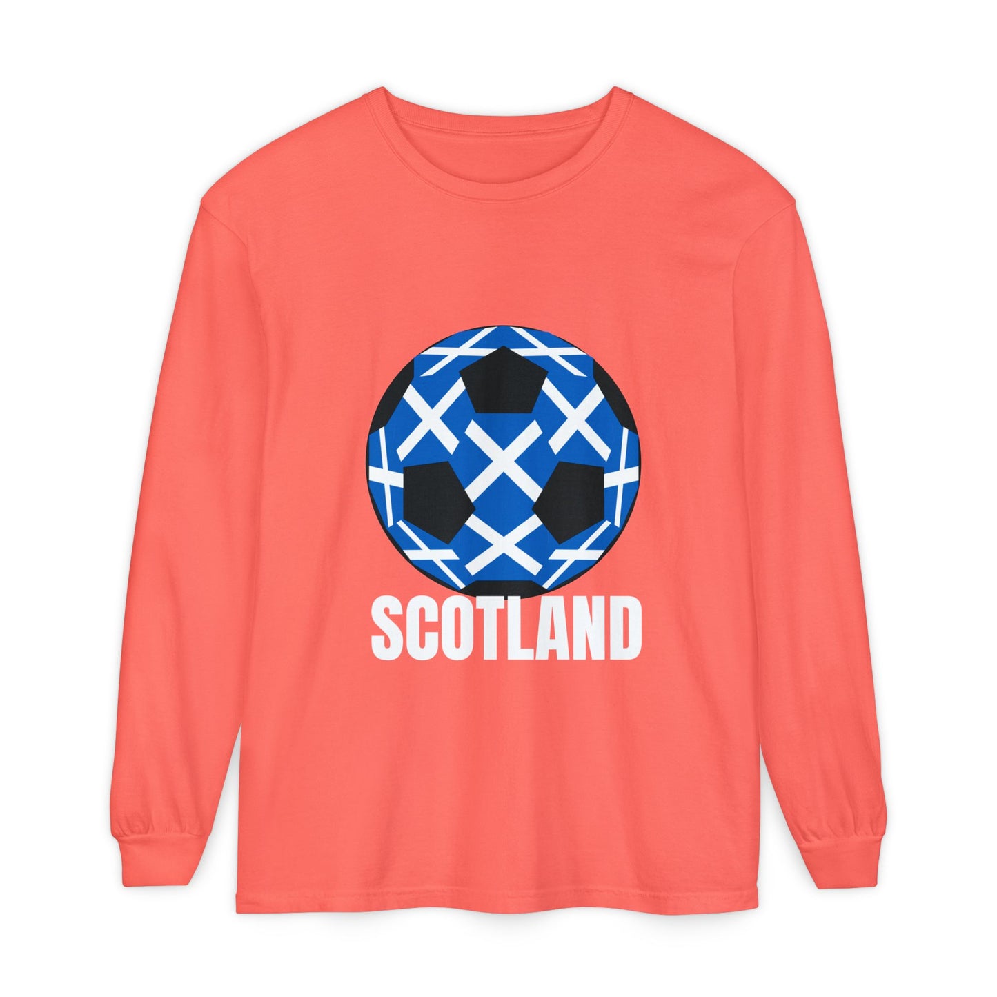 Scotland Fan Specialty Soccer Ball Design T Shirt Long Sleeve Tee White Text