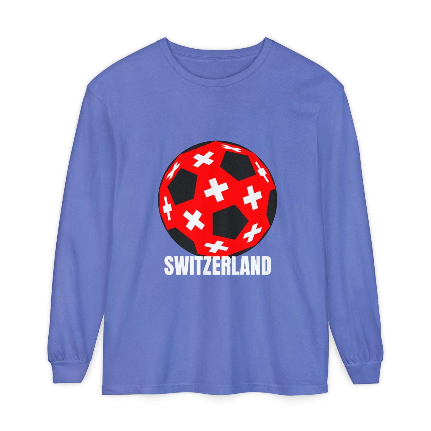 Switzerland Fan Specialty Soccer Ball Design T Shirt Long Sleeve Tee White Text