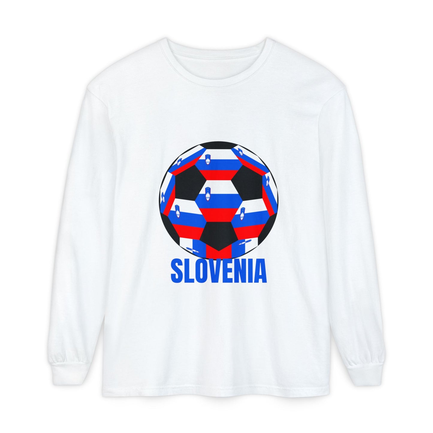 Slovenia Fan Specialty Soccer Ball Design Long Sleeve T-Shirt Blue Text