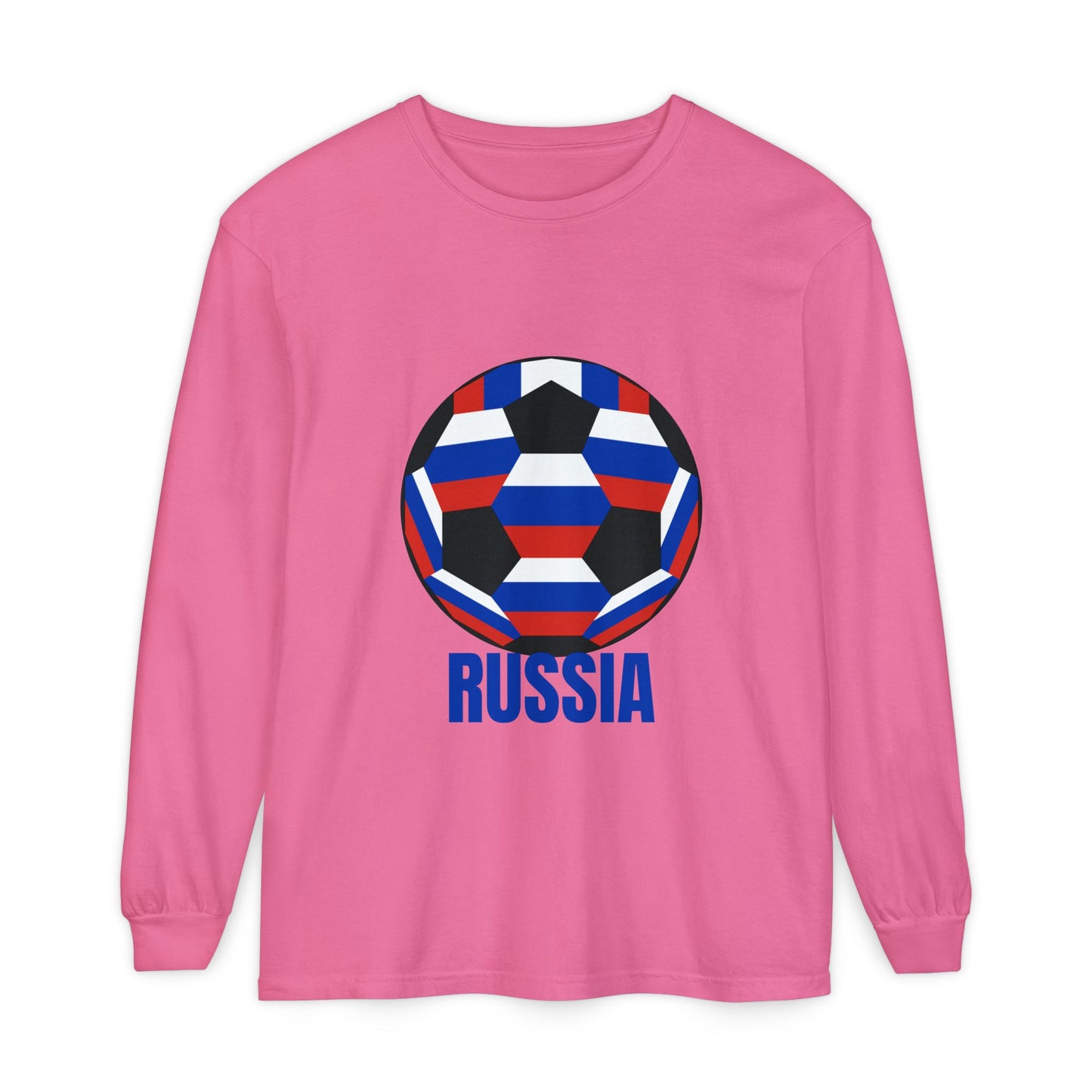 Russia Fan Specialty Soccer Ball Design T Shirt Long Sleeve T-Shirt Blue Text