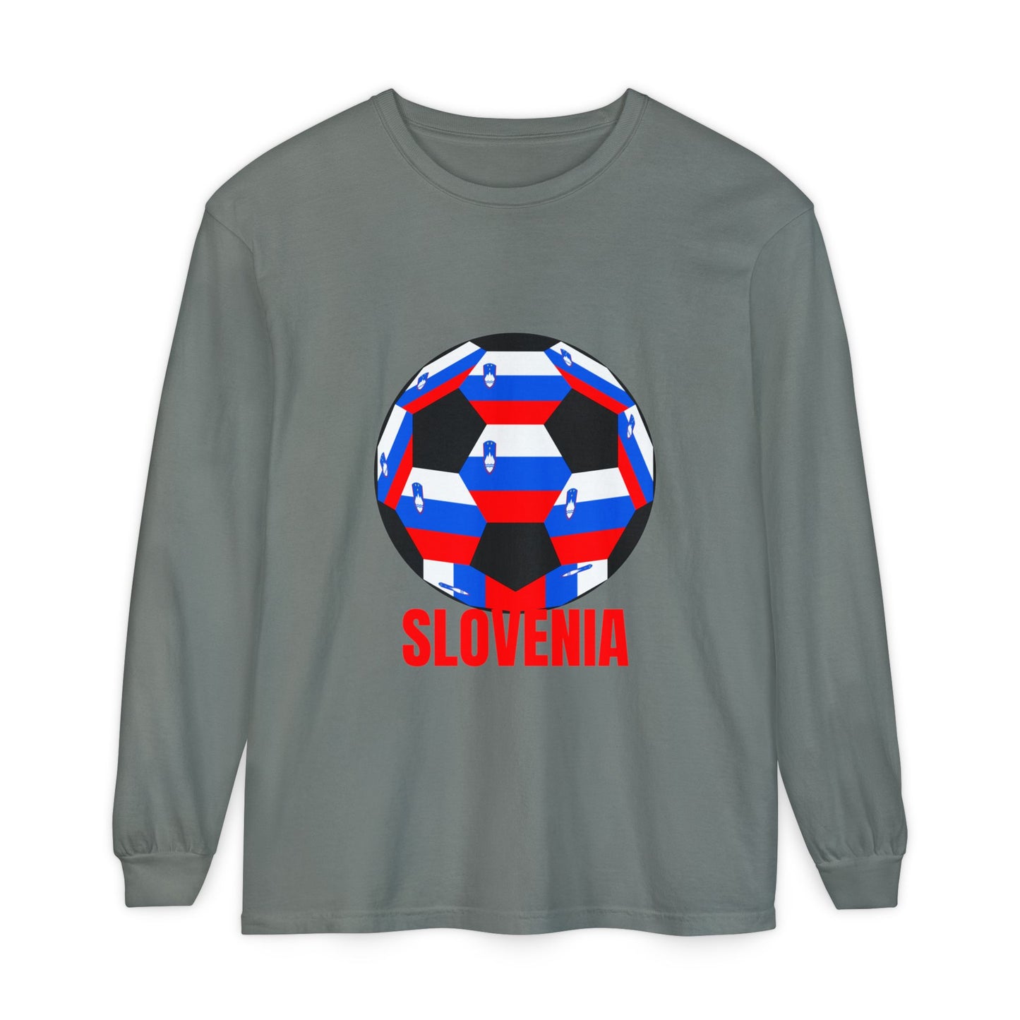 Slovenia Fan Specialty Soccer Ball Design Long Sleeve Shirt Red Text