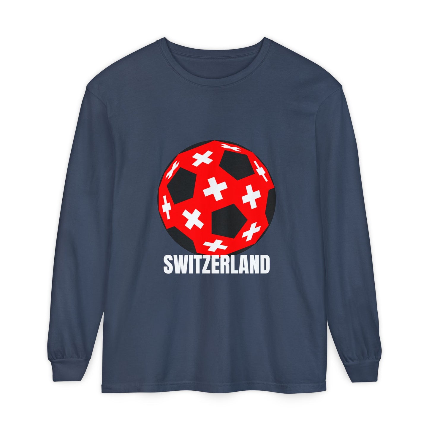 Switzerland Fan Specialty Soccer Ball Design T Shirt Long Sleeve Tee White Text