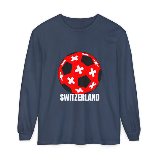 Switzerland Fan Specialty Soccer Ball Design T Shirt Long Sleeve Tee White Text
