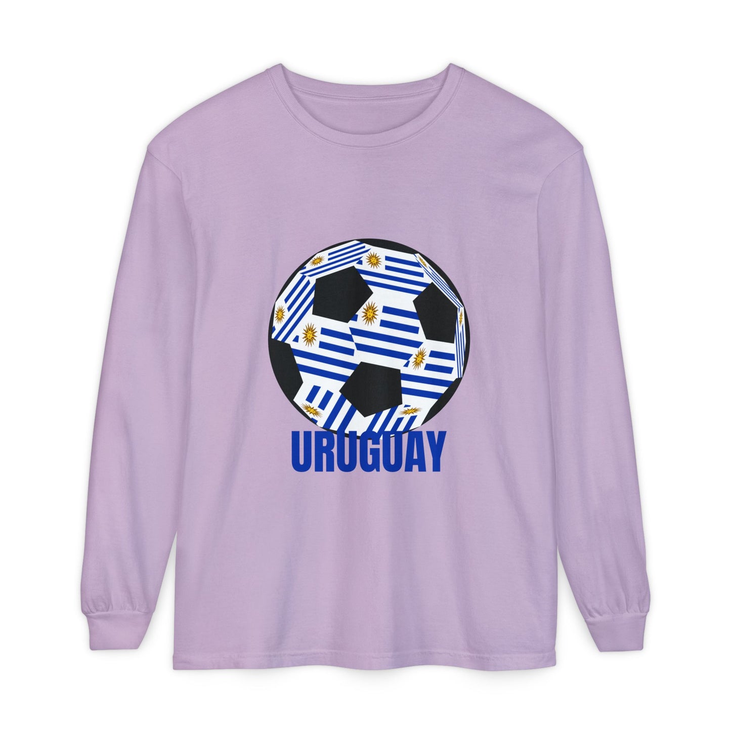 Uruguay Fan Specialty Soccer Ball Design Long Sleeve T-Shirt Blue Text