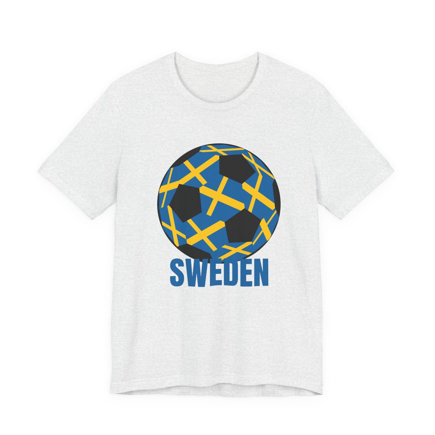Sweden Fan Specialty Soccer Ball Design T Shirt Blue Text