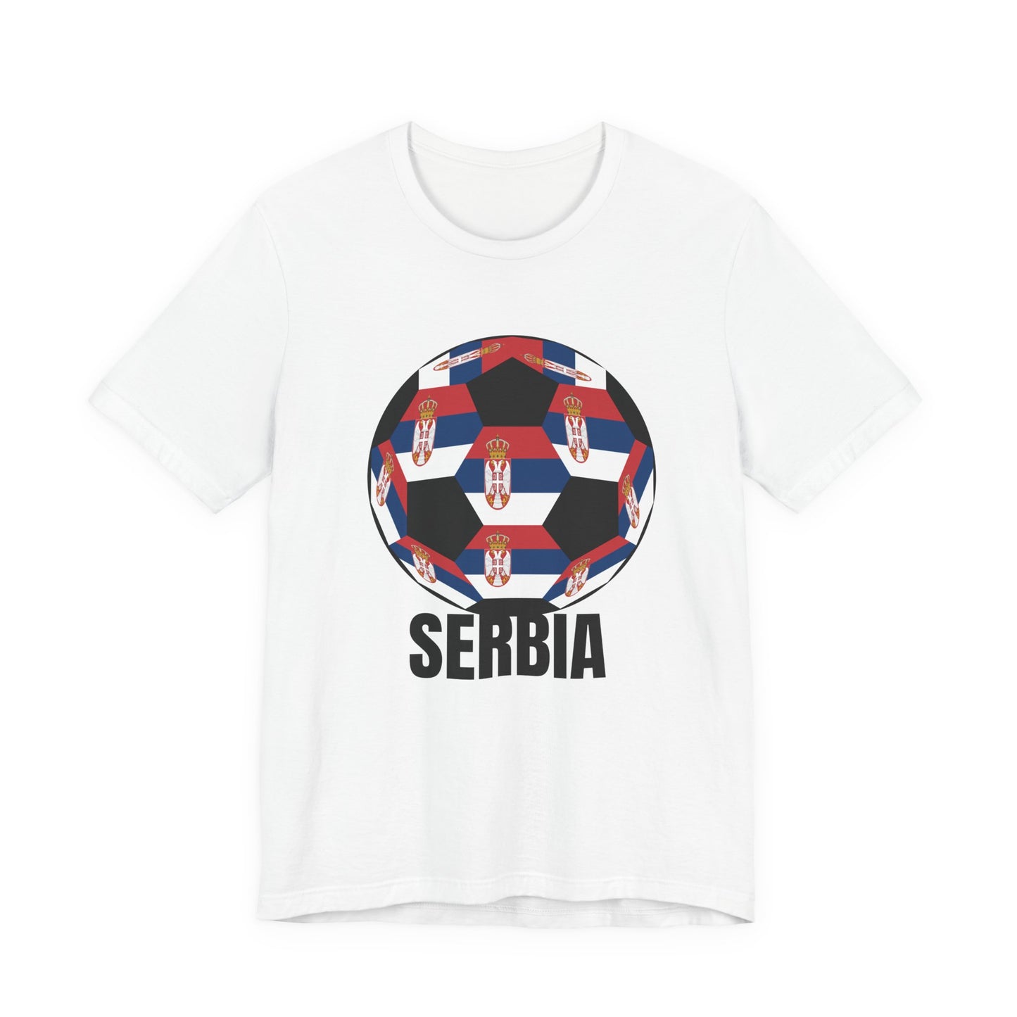 Serbia Fan Specialty Soccer Ball Design T Shirt Black Text