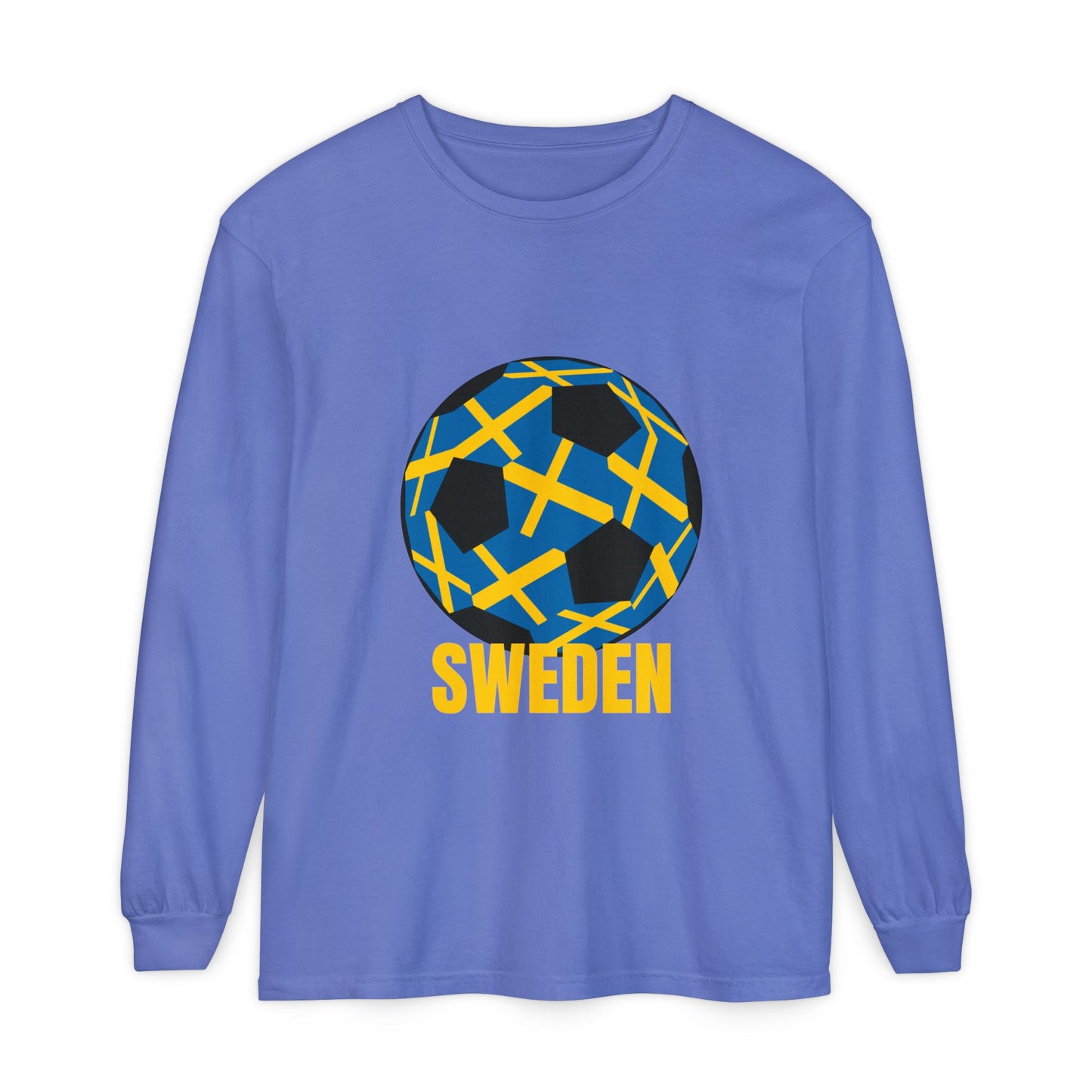 Sweden Fan Specialty Soccer Ball Design T Shirt  Long Sleeve Tee Gold Text