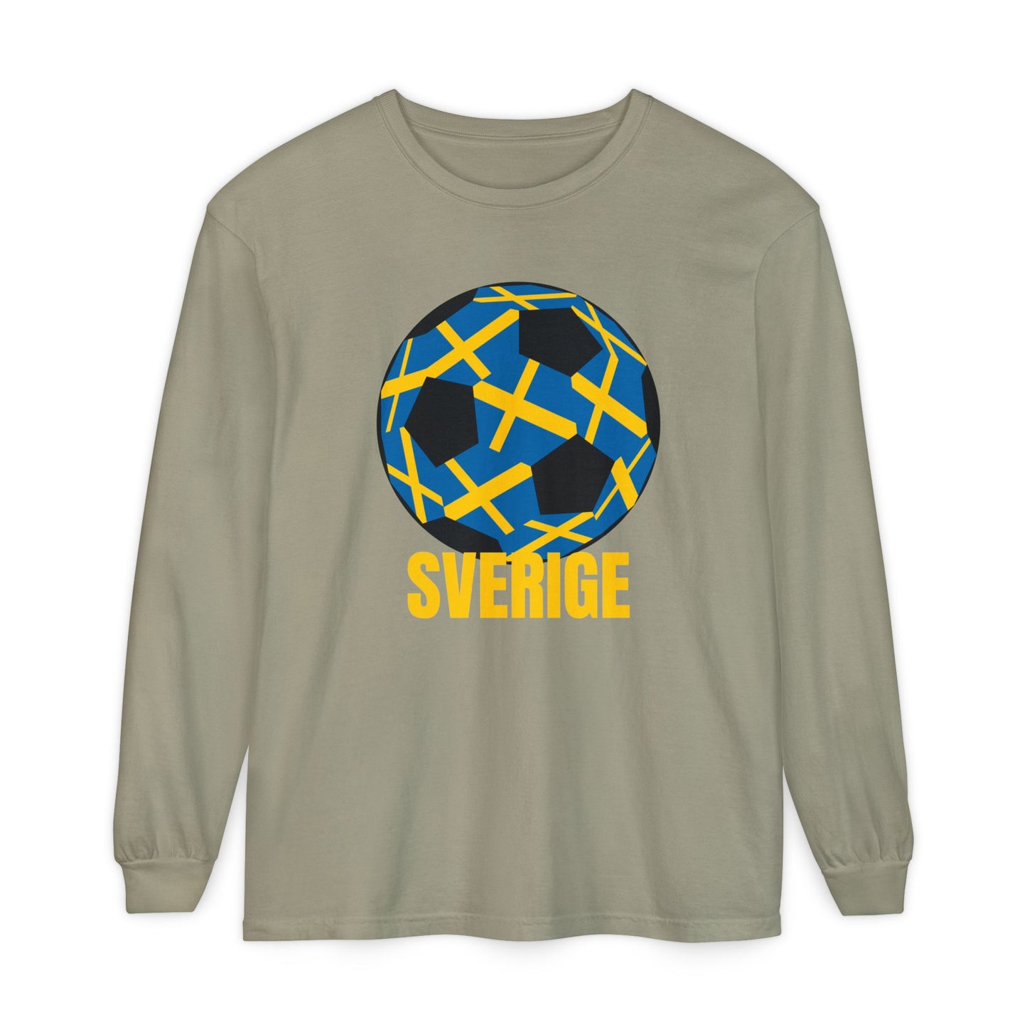 Sverige Fan Specialty Soccer Ball Design T Shirt Gold Text