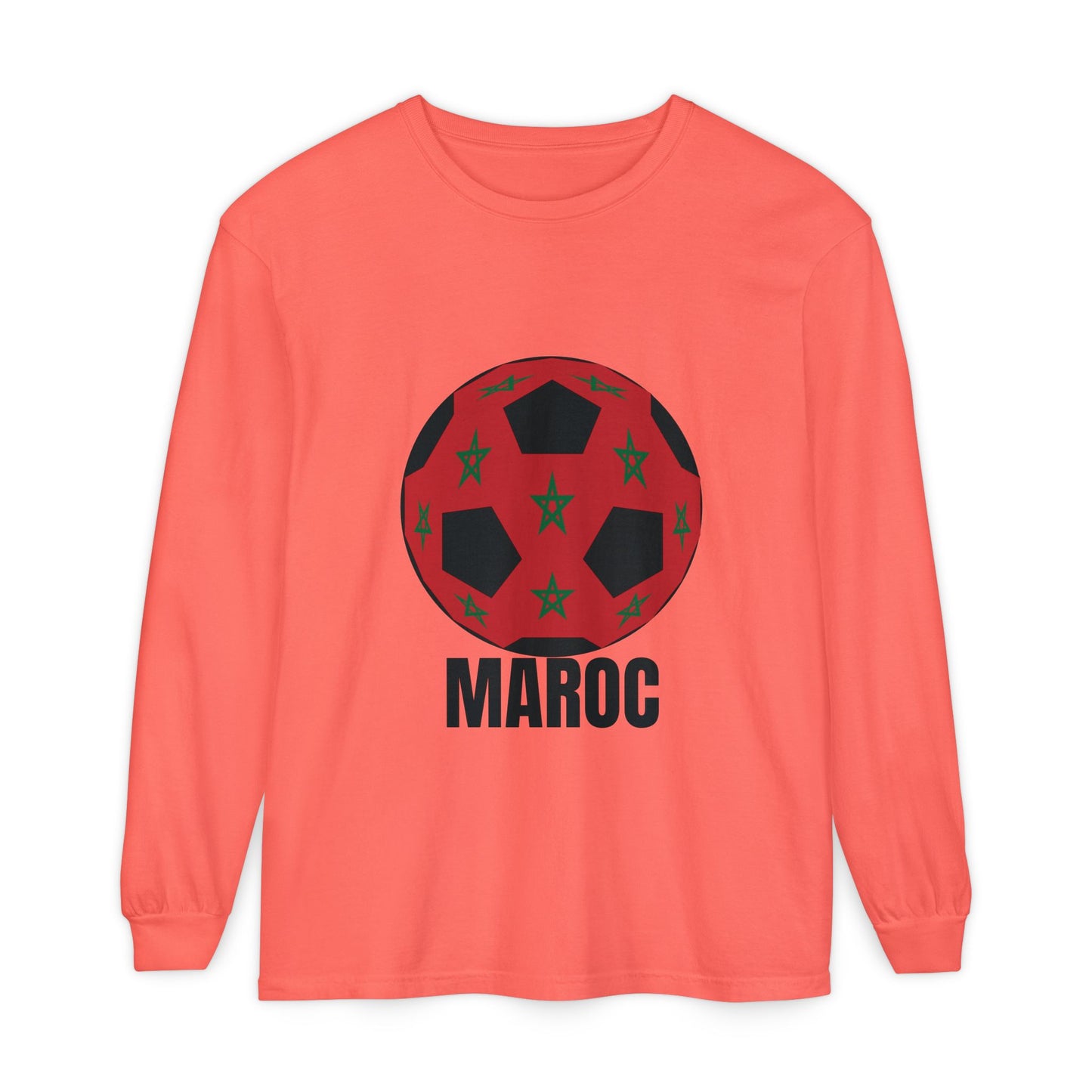 Morocco Maroc Fan Specialty Soccer Ball Design T Shirt Long Sleeve Tee Black Text