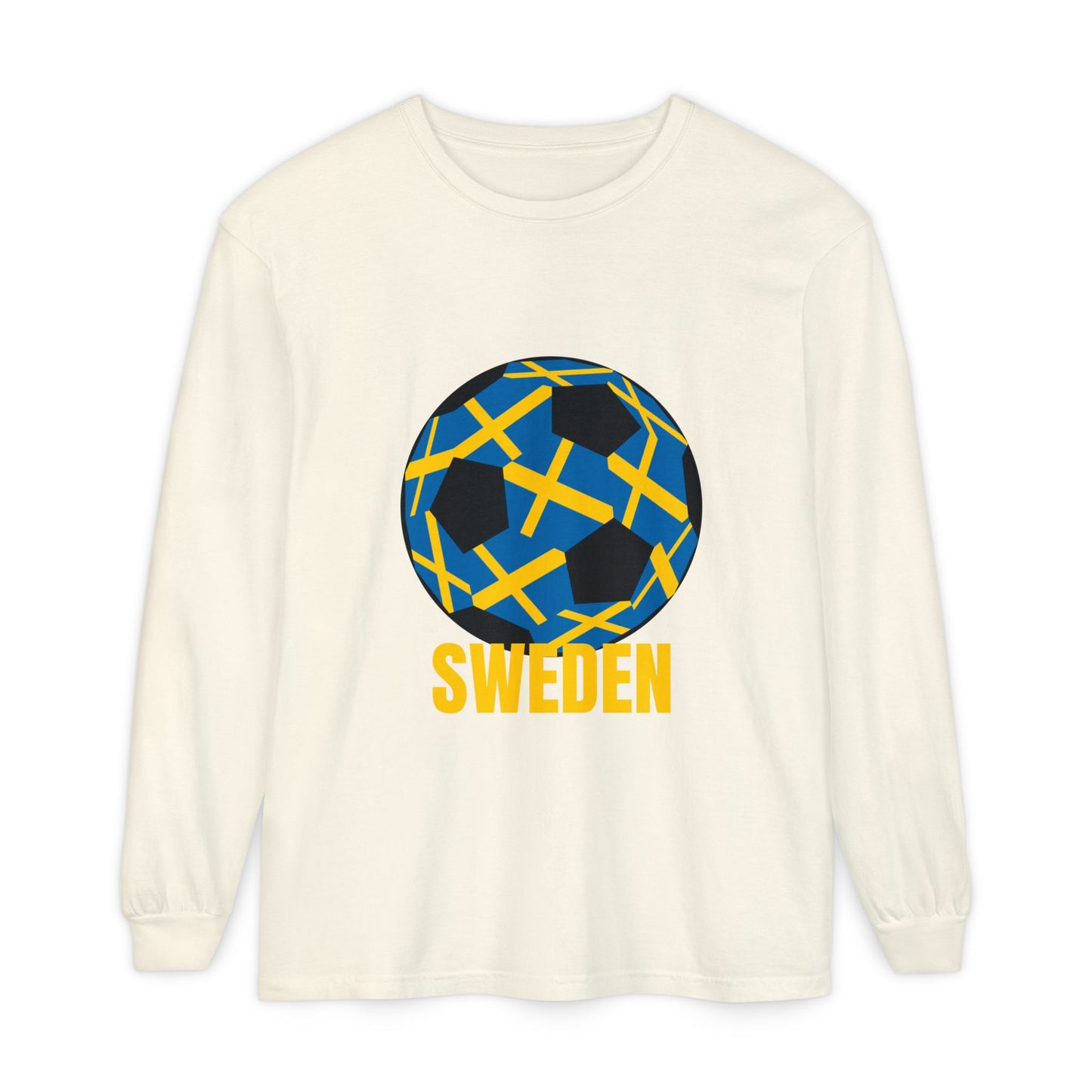 Sweden Fan Specialty Soccer Ball Design T Shirt  Long Sleeve Tee Gold Text