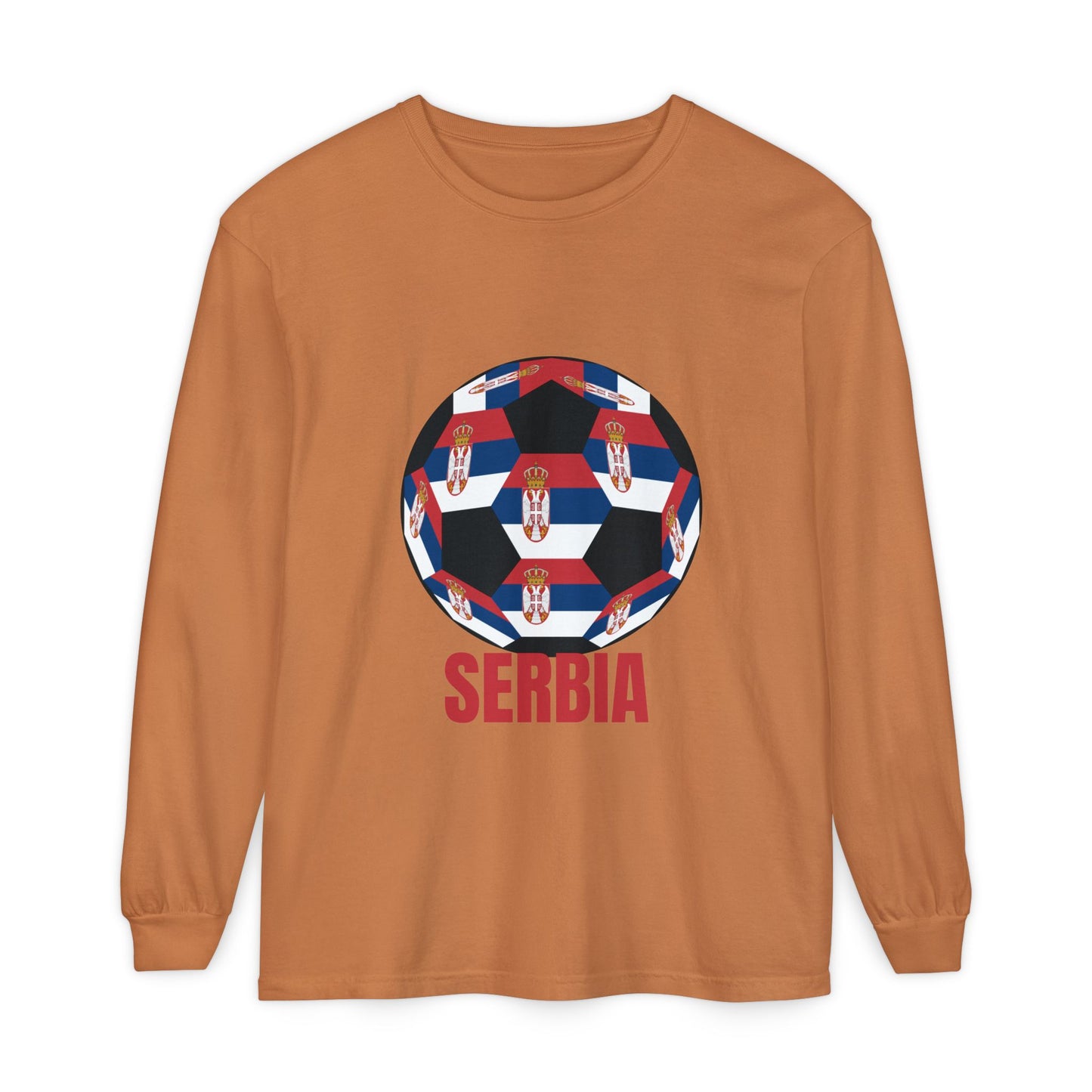 Serbia Fan Specialty Soccer Ball Design T Shirt Long Sleeve Tee Red Text
