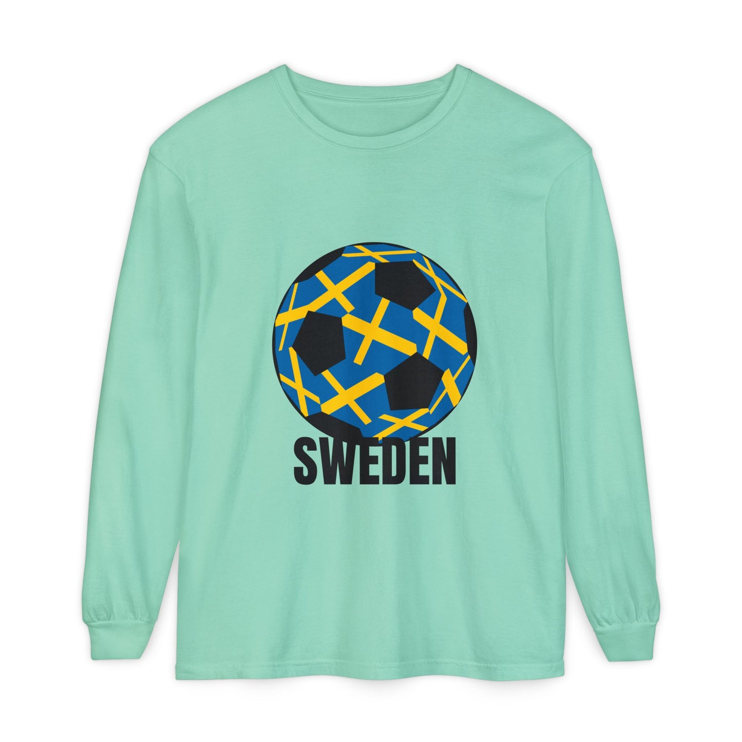 Sweden Fan Specialty Soccer Ball Design Long Sleeve Tee Black Text